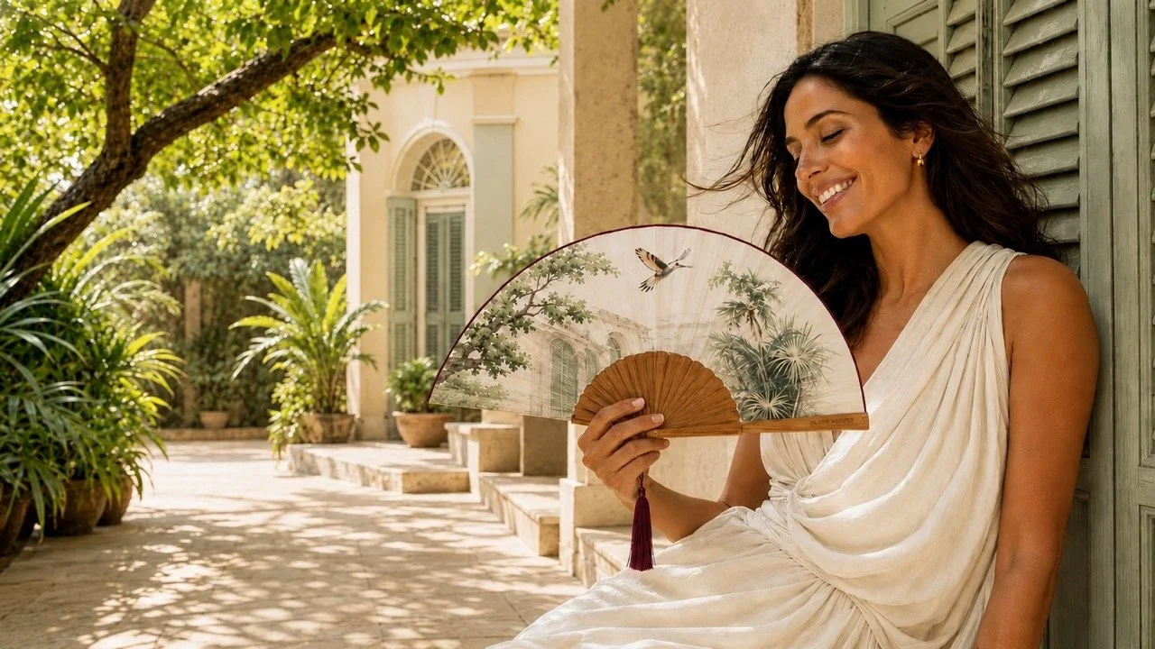 Woman holding an Island Whisper Atelier bespoke luxury hand fan with original artwork in an elegant tropical heritage setting.