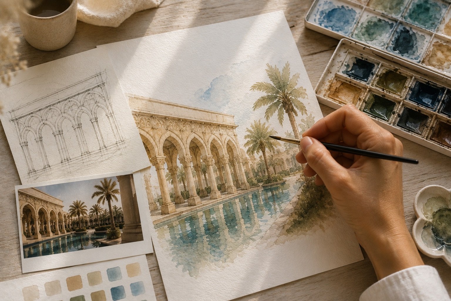 From Original Artwork to Bespoke Design
Every collection begins with a story. Architecture, place and identity are first interpreted through original hand-painted artwork, before becoming a distinctive piece created exclusively for each project.