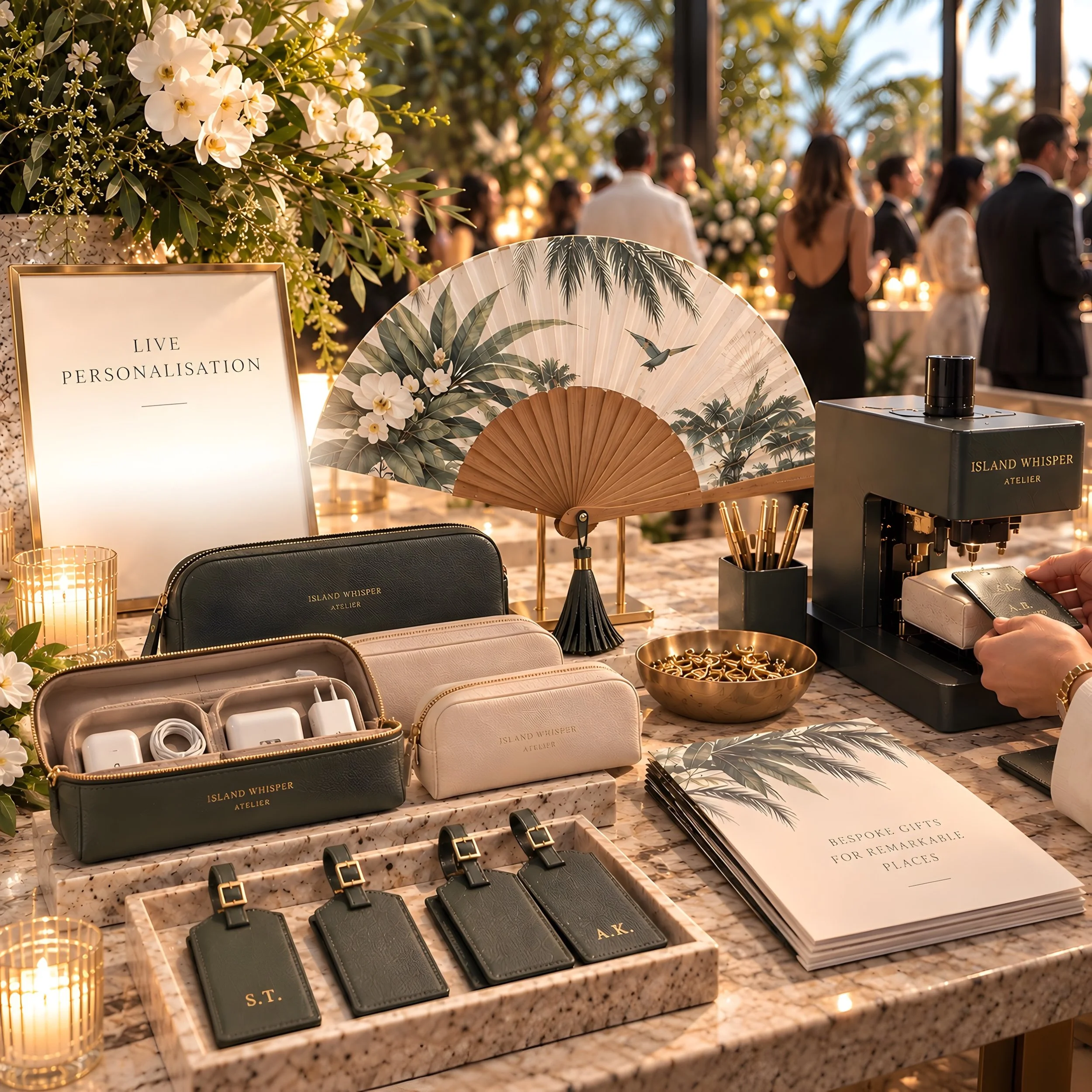 Island Whisper Atelier bespoke brand activation with live personalisation and luxury gifting details for events and brand experiences.