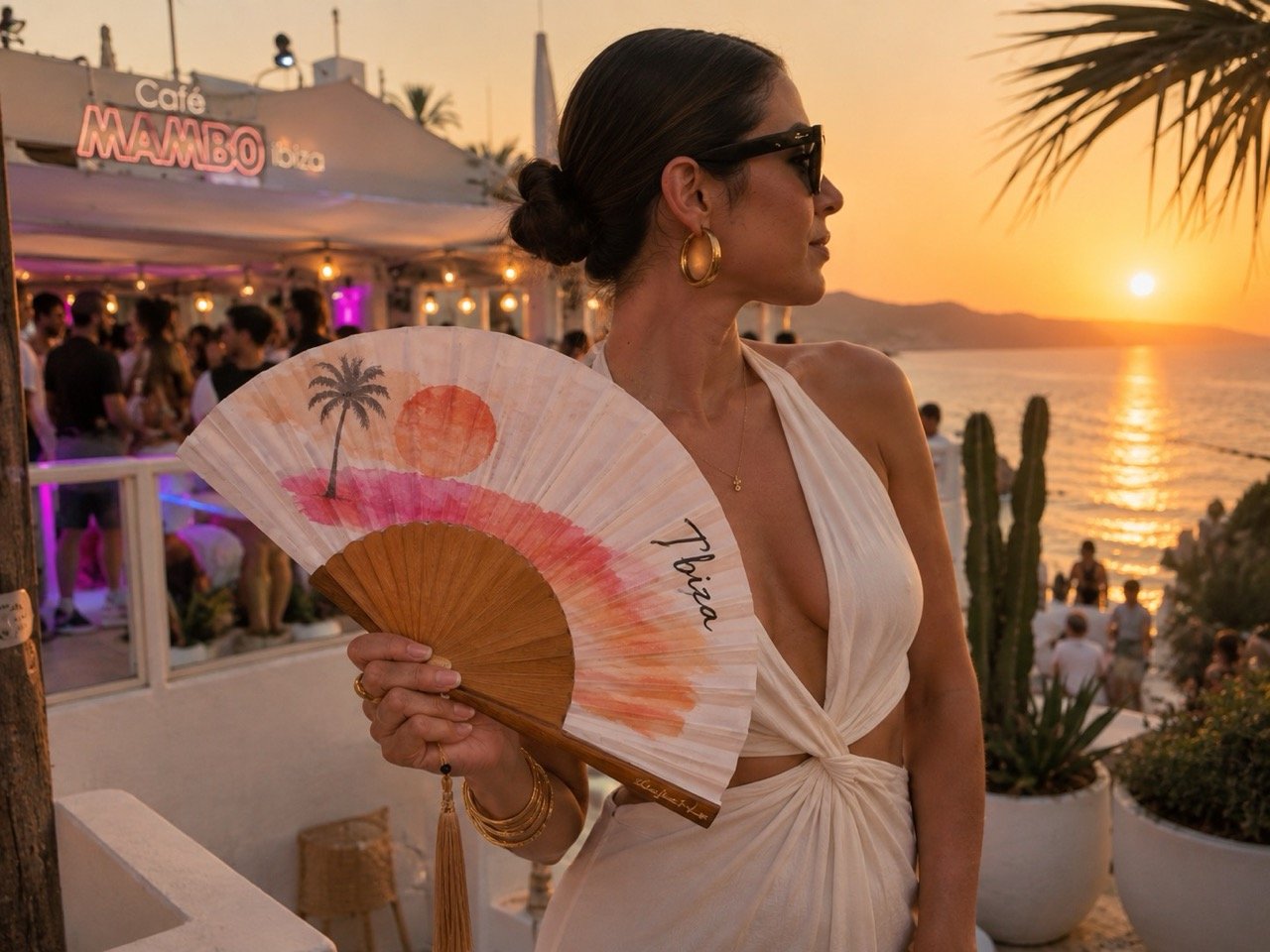Bespoke luxury hand fan with hand-painted Ibiza-inspired artwork by Island Whisper Atelier, designed for premium brand events, hospitality and Mediterranean celebrations.