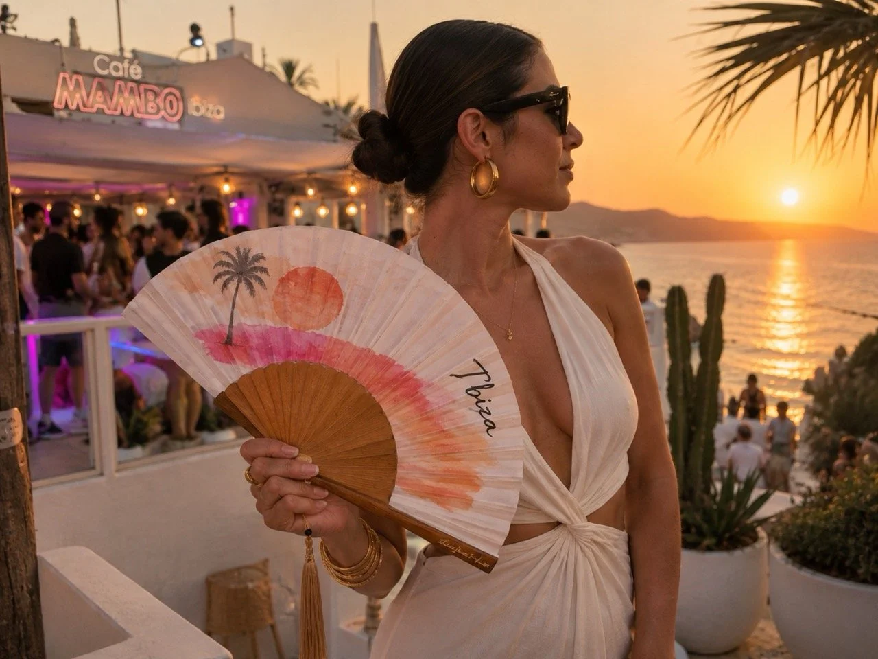 Abanico personalizado de Island Whisper Atelier en un beach club de Ibiza, diseñado para restaurantes y espacios de hospitality junto al mar.