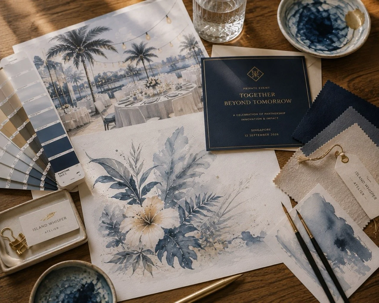 Luxury brand and corporate event design inspiration with original watercolour artwork, premium materials, colour samples and bespoke gifting by Island Whisper Atelier.