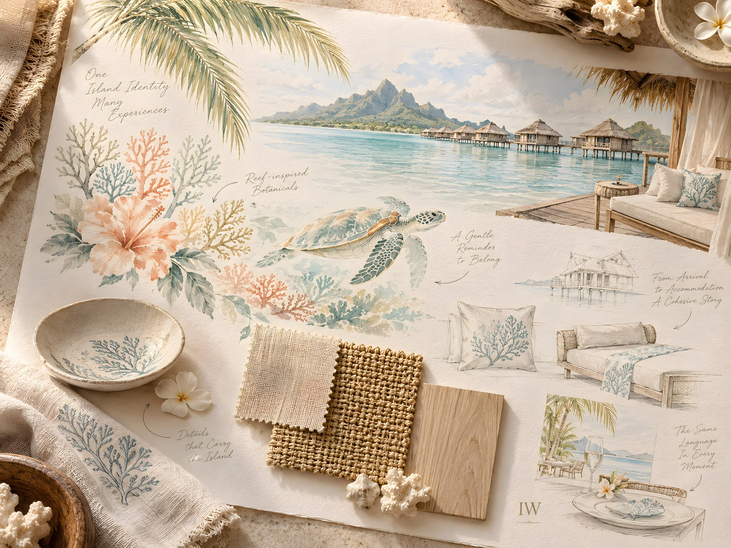 Concepto creativo para hotel de lujo inspirado en el destino, con ilustraciones, paisaje, elementos naturales y desarrollo visual de Island Whisper Atelier.