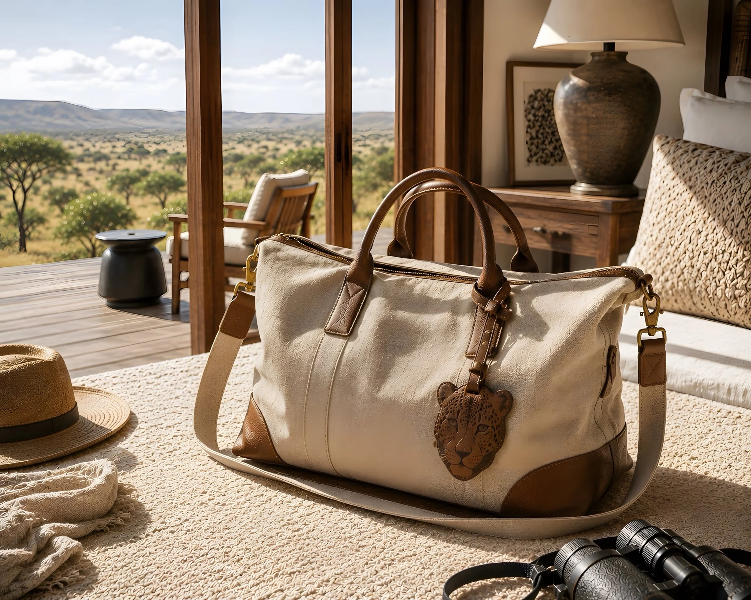 Bespoke luxury travel bag by Island Whisper Atelier, designed for a safari hotel experience with destination-inspired details and refined craftsmanship.