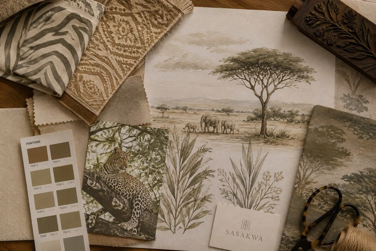 Luxury safari hotel design inspiration with original watercolour artwork, African wildlife, natural textiles and materials by Island Whisper Atelier.