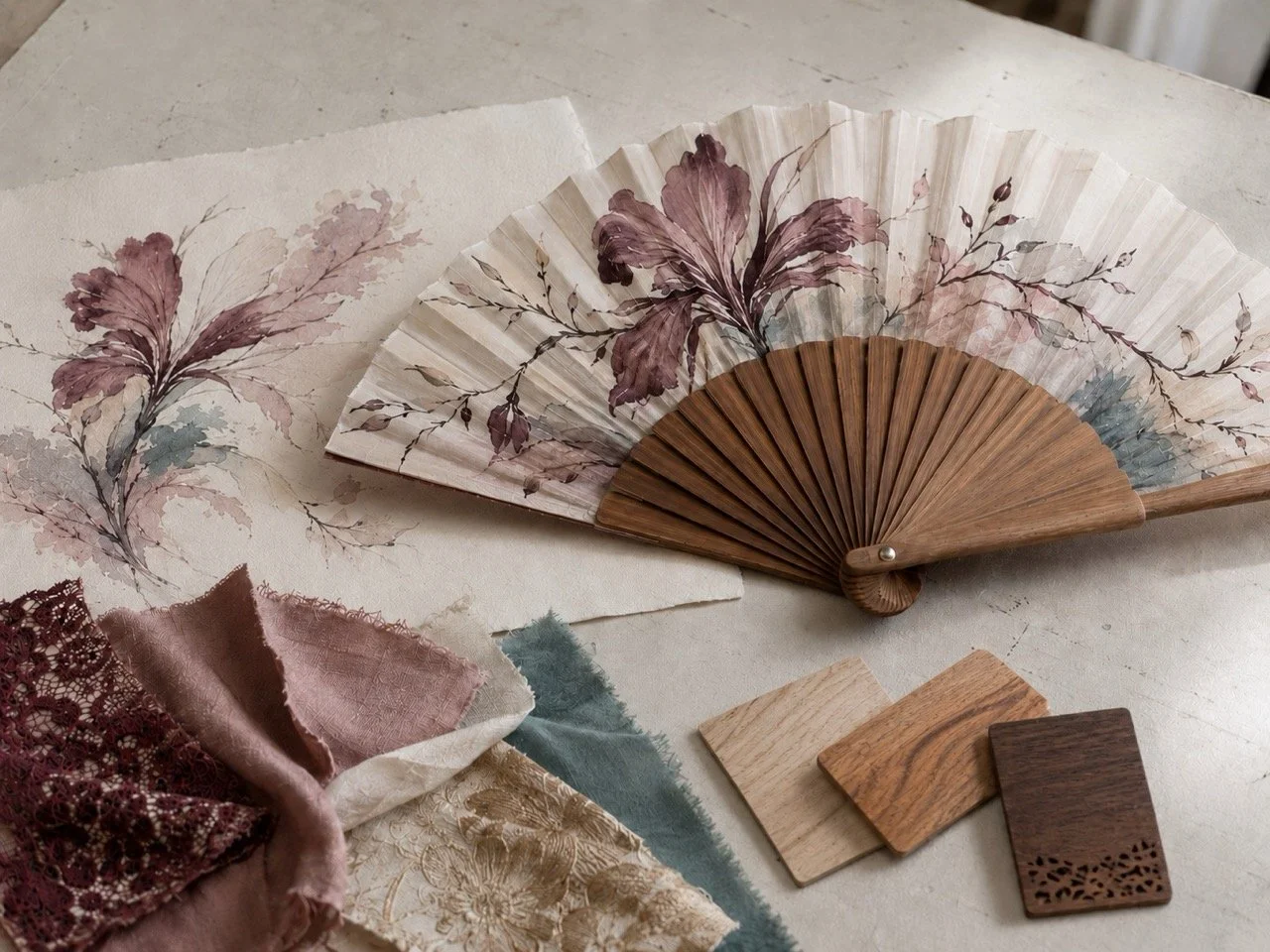 Bespoke hand fan design process with original artwork, luxury textiles and natural wood samples by Island Whisper Atelier
