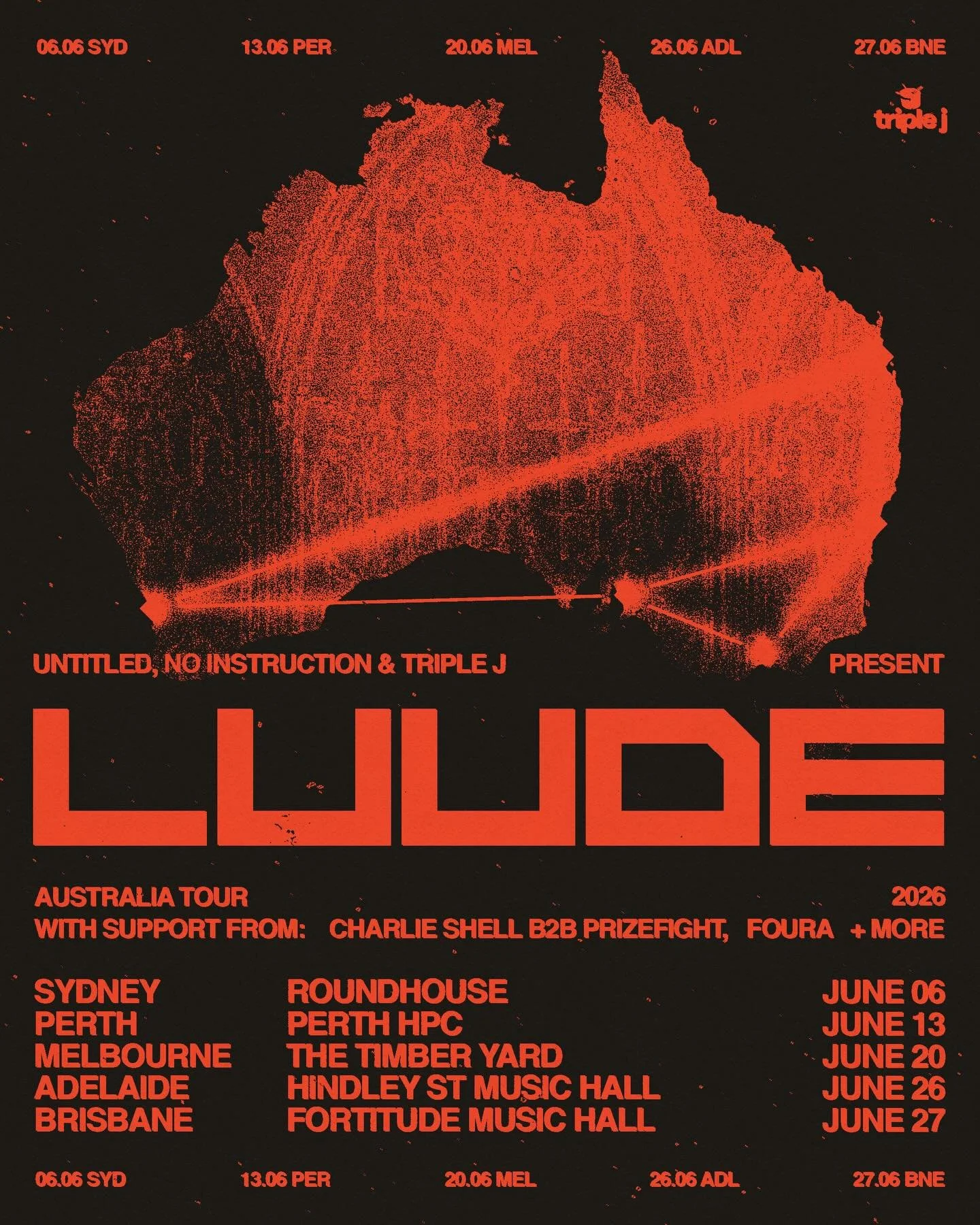 Australian drum &amp; bass powerhouse @luude returns home this June for a massive national headline tour.

Presented by @triple_j, @untitledgroupau, @noinstruction_ 

Hitting Sydney, Perth, Melbourne, Adelaide and Brisbane with a stacked all-Australi