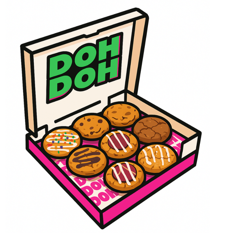 A colorful box of cookies with various toppings and drizzle, with the lid open displaying the word 'POH' repeated inside.