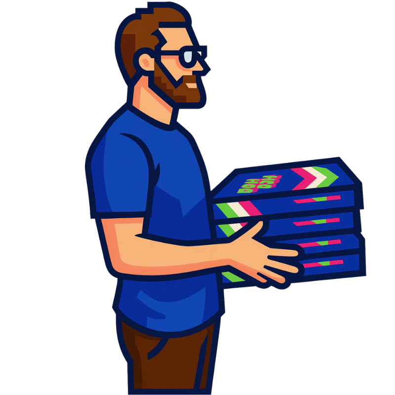 A cartoon man with glasses and a beard, wearing a blue shirt, holding multiple colorful pizza boxes.