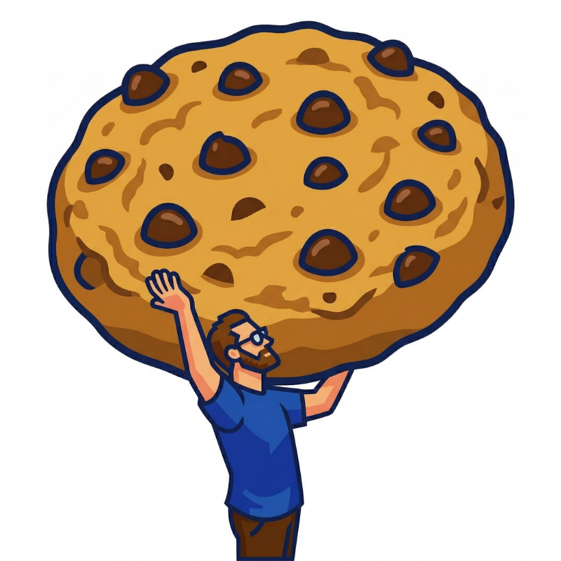 A cartoon man with glasses and a beard lifting a giant chocolate chip cookie over his shoulder.