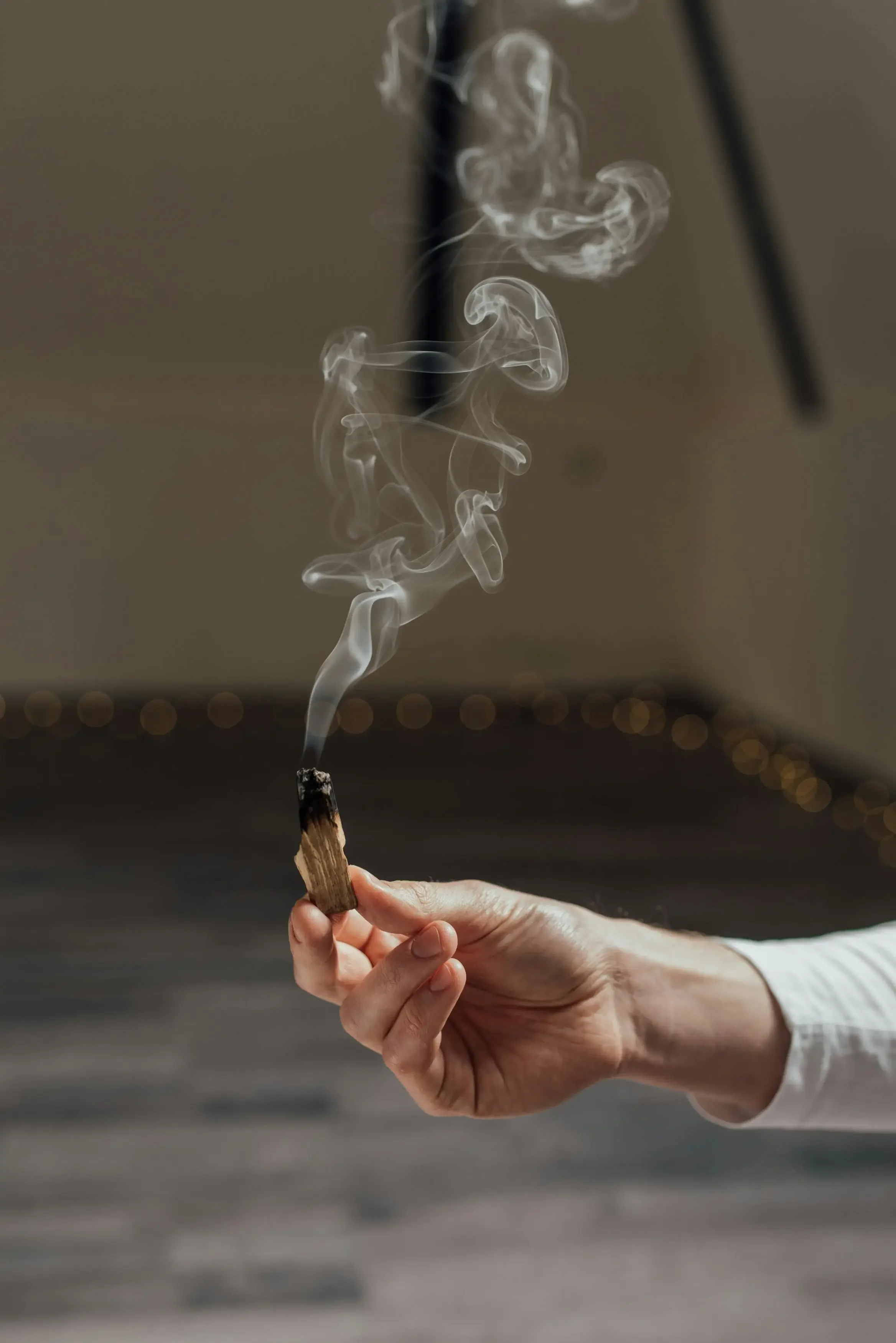 Hand holding a burning Palo Santo stick with smoke rising.