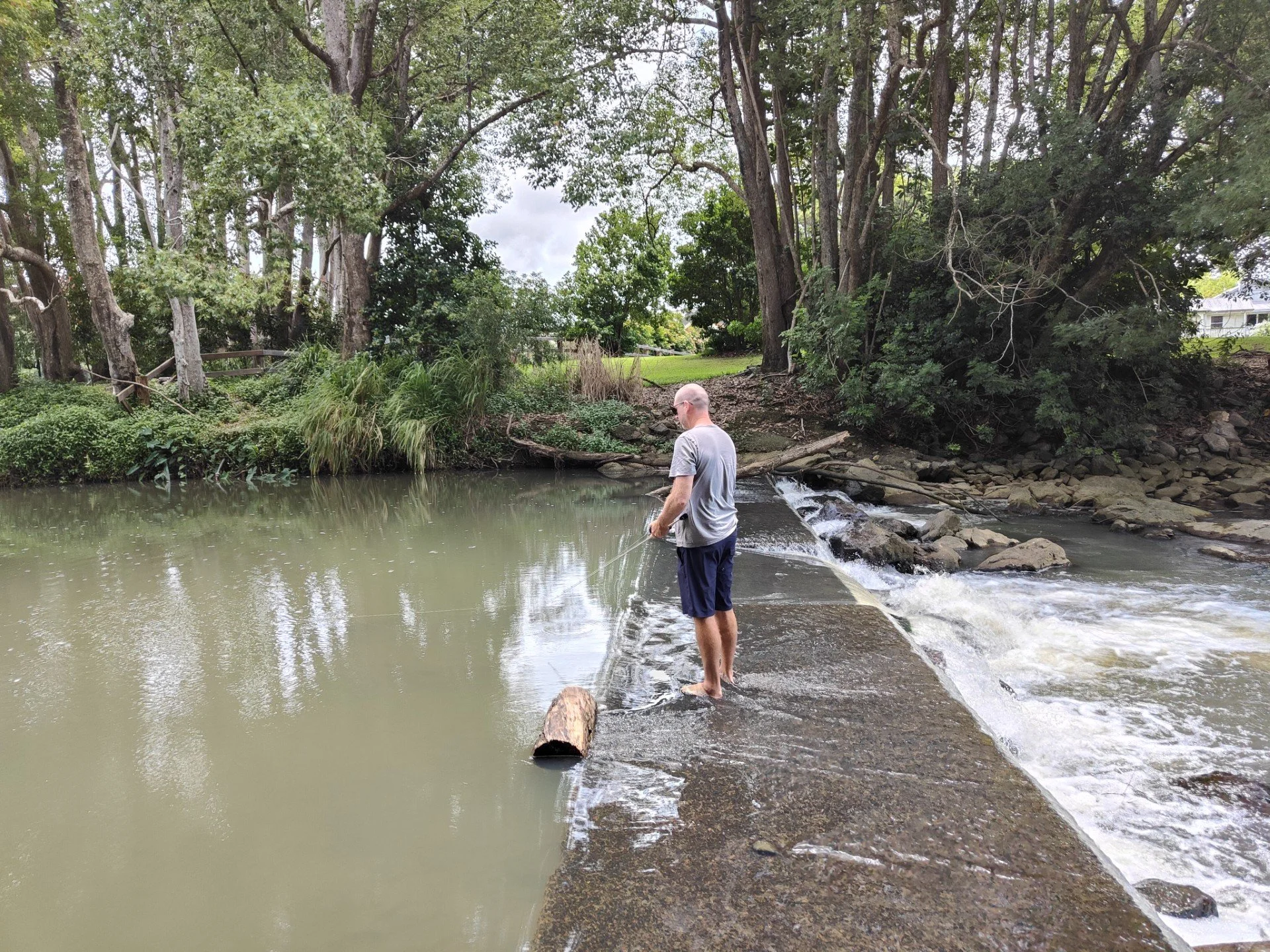 A man stands on a small concrete dam or barrier in a creek or small river, fishing with a rod. Green trees and bushes surround the creek, and rocks and water flow on the right side of the dam.