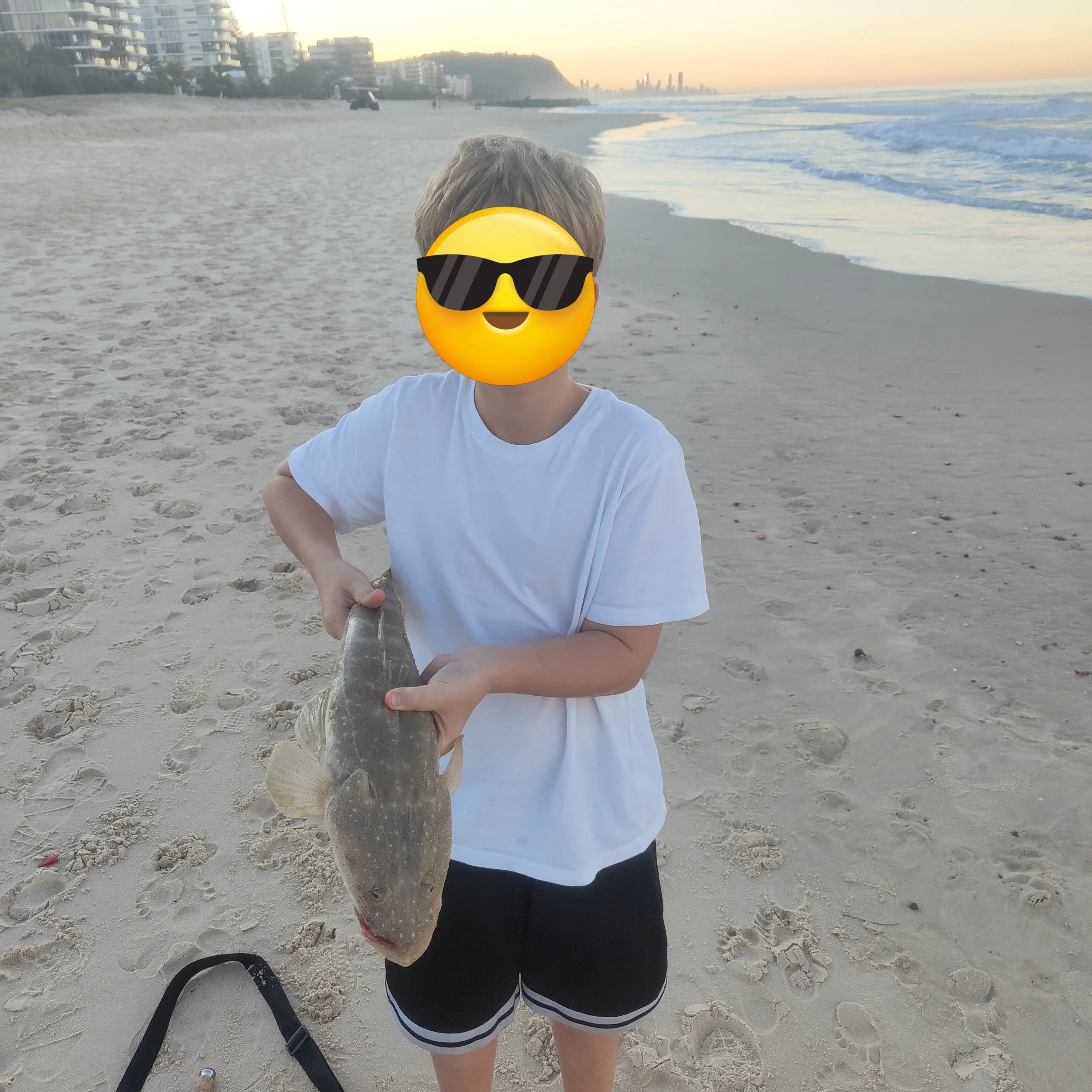 Child with a happy emoji face holding a fish on a sandy beach during sunset, with buildings and a distant city skyline in the background.