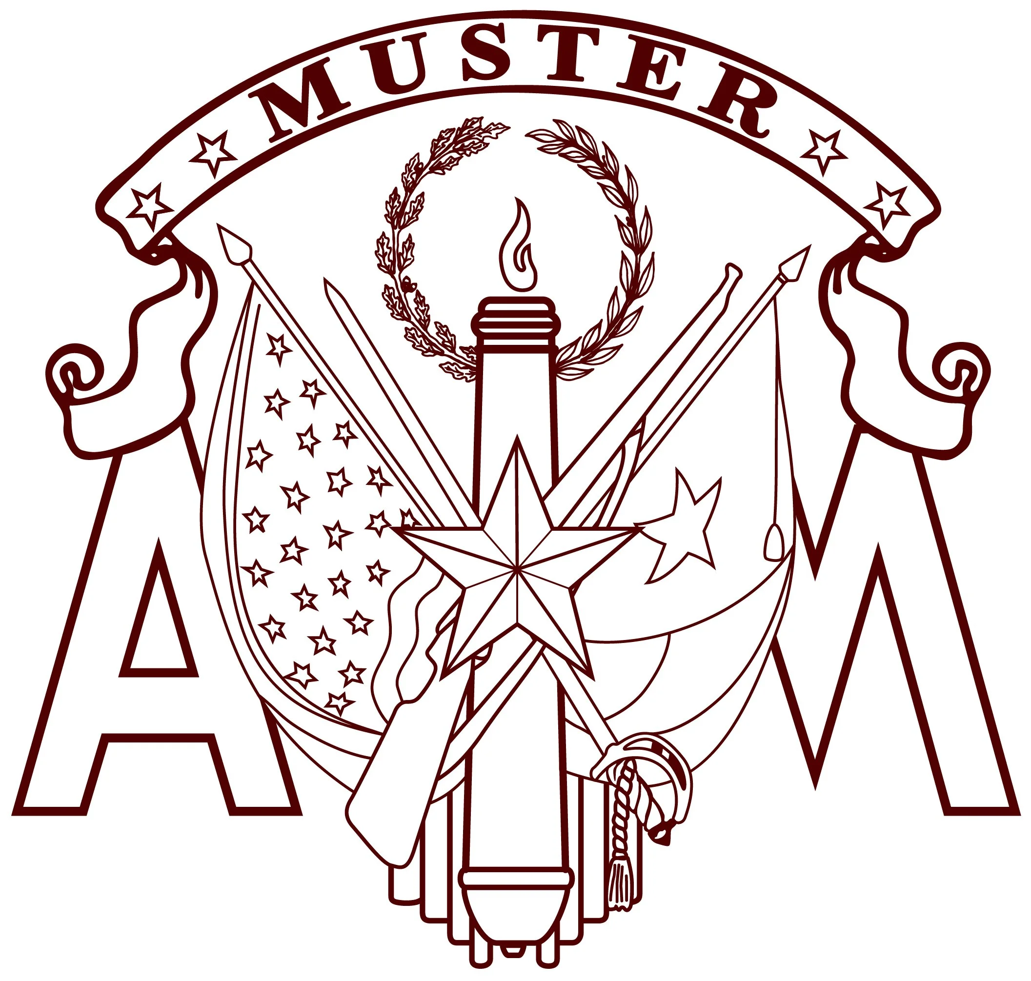 Outline of a badge with the words 'MUSTER' at the top, a torch with a flame, a star, an American flag, a wreath, and fishing poles behind a large letter A and M.