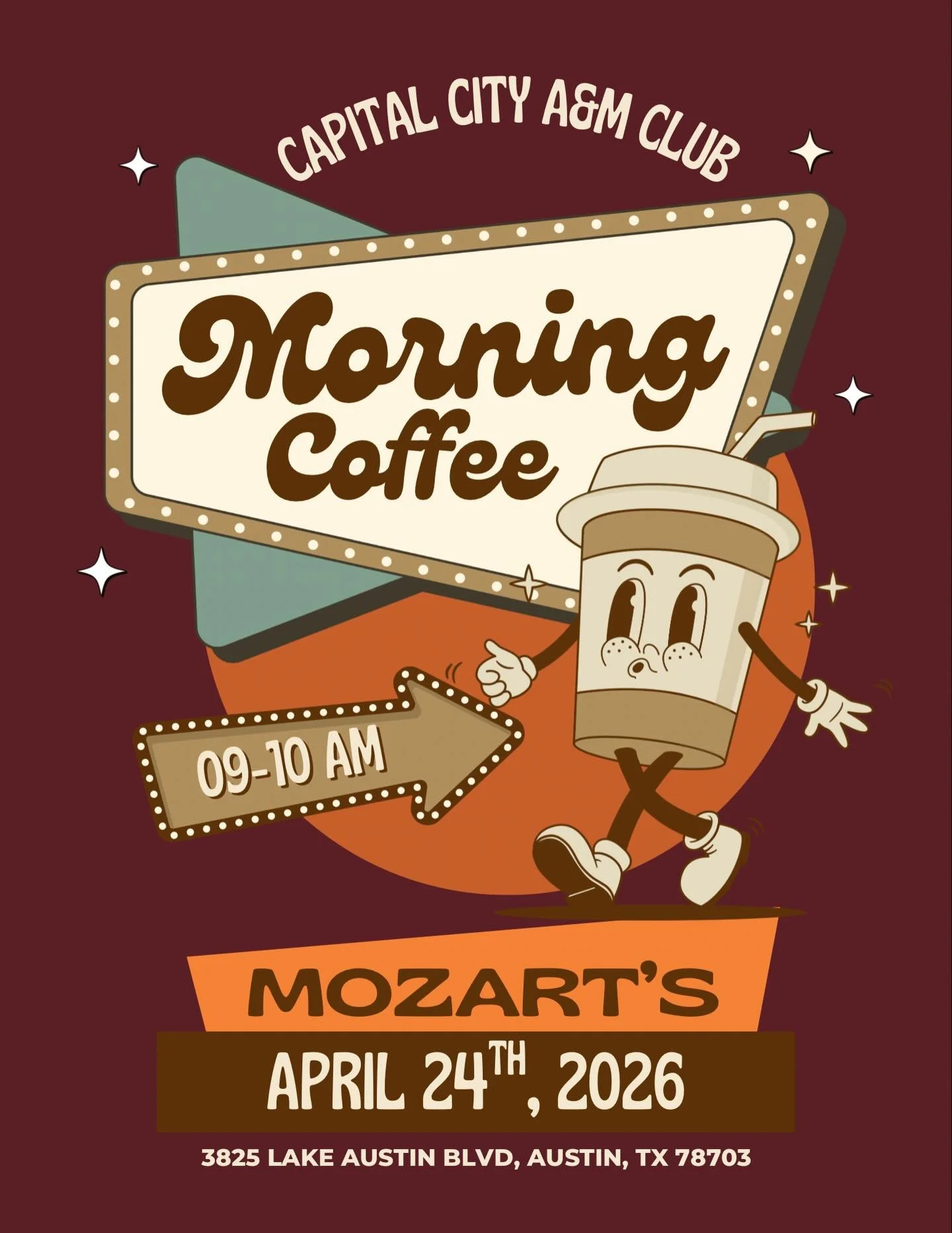 Howdy! Schedule Change for Tomorrow&rsquo;s A&amp;M Club Networking!

Please note that tomorrow&rsquo;s lunch gathering has been changed to morning coffee at Mozart&rsquo;s.

Join us from 9:00 AM to 10:00 AM at Mozart&rsquo;s Coffee Roasters, located