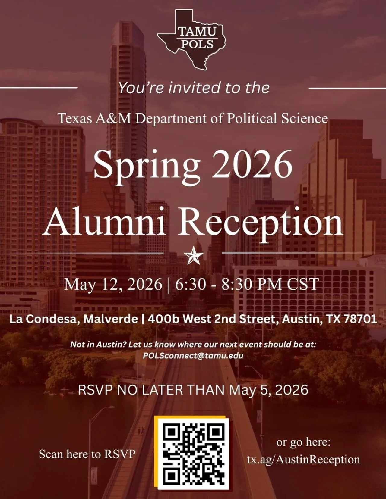 Howdy Ags! We heard of an awesome event hosted by the Texas A&amp;M Department of Political Science for former POLS grads that we wanted to share! 

Calling all Texas A&amp;M Political Science former students!

Join us for an Alumni Reception at Malv