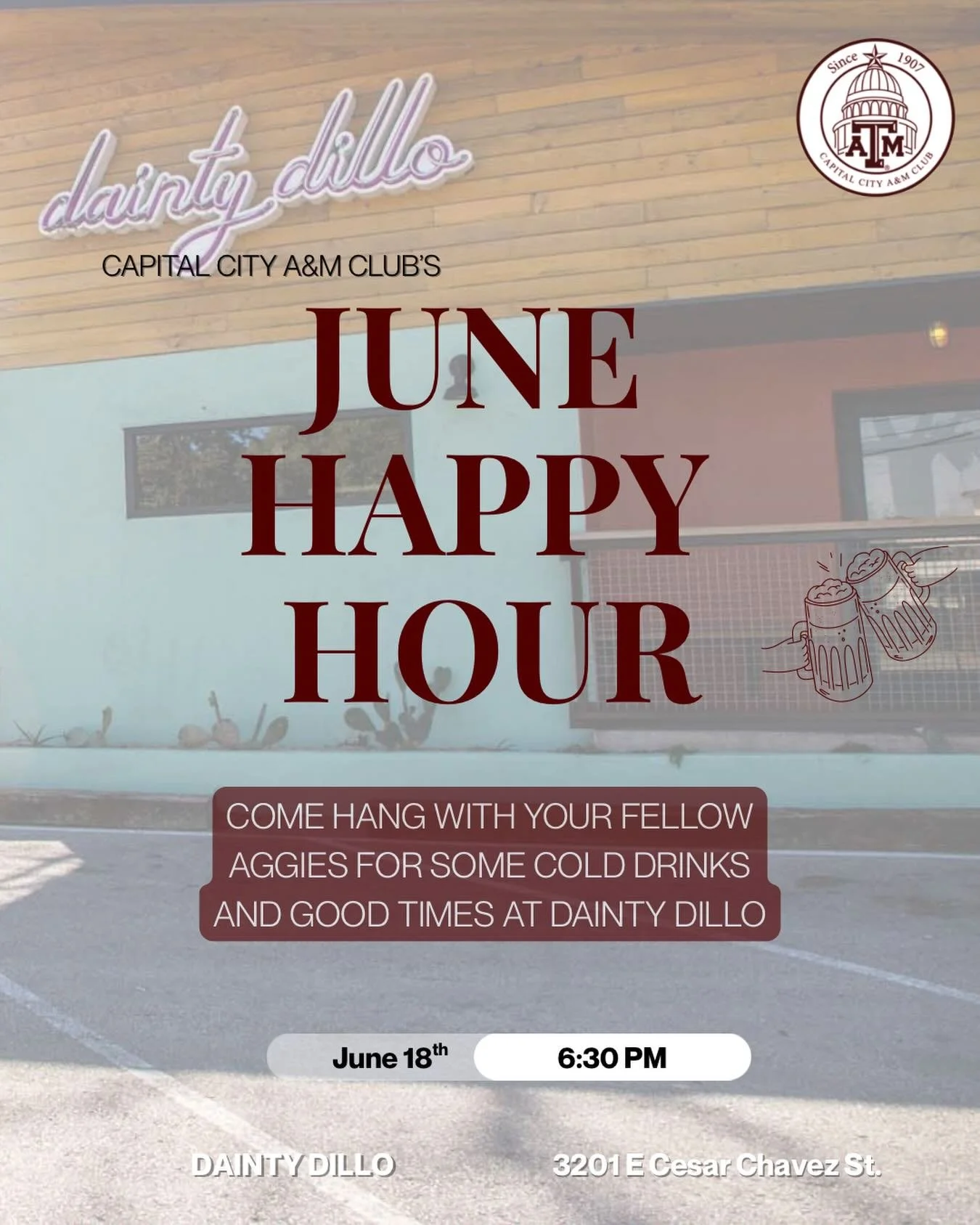 📣 June Happy Hour 📣

Texas summer is officially in full swing and what better way to cool off than ice cold drinks on the patio with your fellow Ags? ☀️🍹🍻

Join us June 18th for happy hour and get your last chance to grab barge tickets!! 

Find a