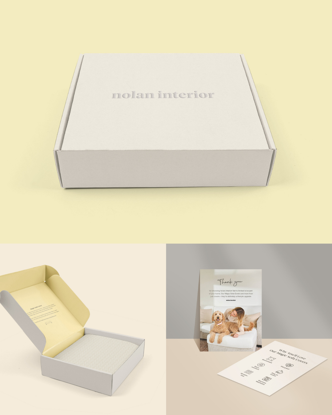 A designed gift box with minimalist style for home furniture company, including poster card design.