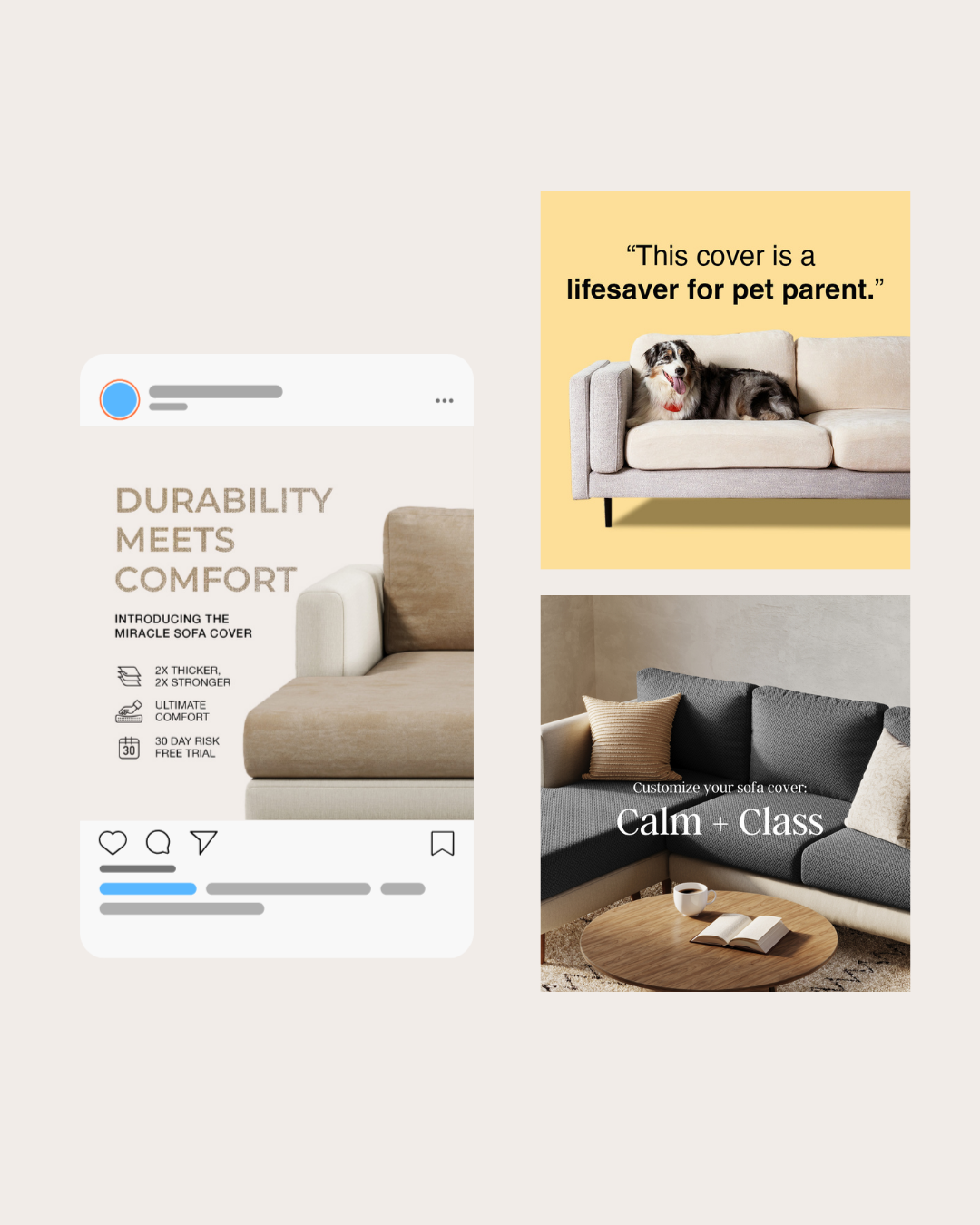 Advertisement for sofa covers highlighting durability and comfort with images of various sofas and a dog, including text emphasizing customization, calmness, and pet safety.