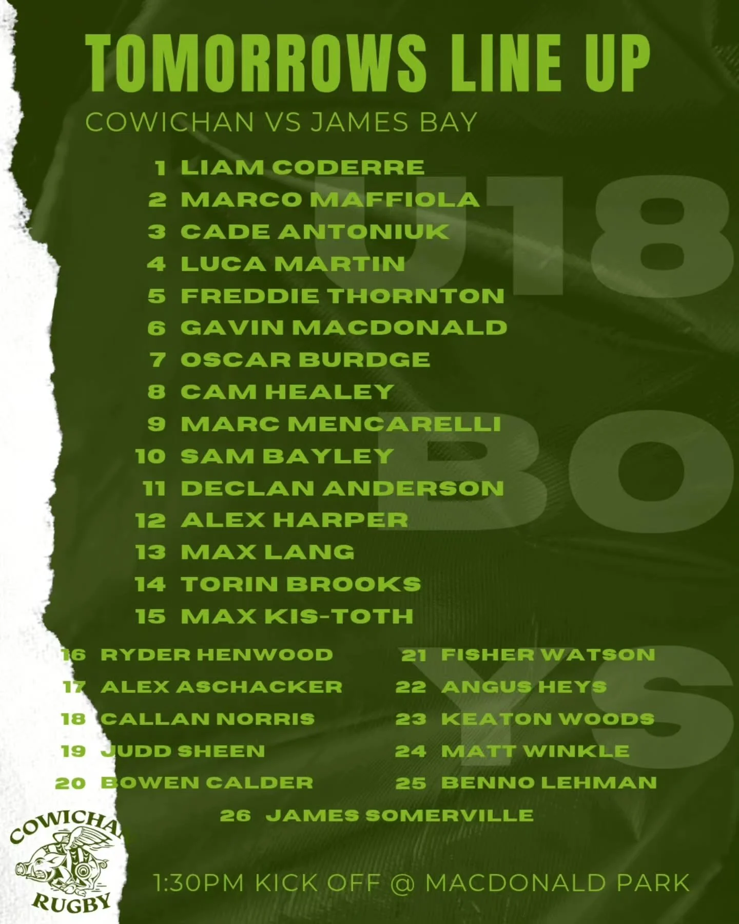 Good Luck to our U18 Boys tomorrow, Sunday October 19! 1:30pm KO @ MacDonald Park