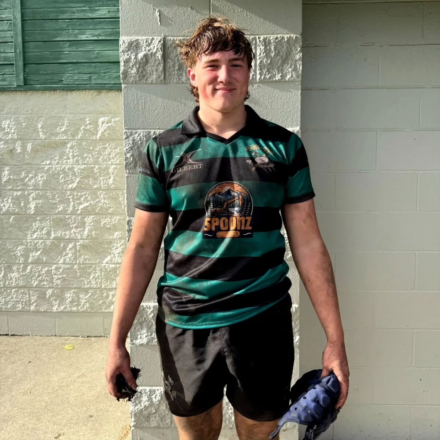 Luca M. sports the boys' new Gilbert jersey that survived the first muddy game of the season!
The U18 Piggies would like to thank their sponsors;

Spoonz Excavating 
Greencoast Power
Macdowell Rugby 
Coast Roofing