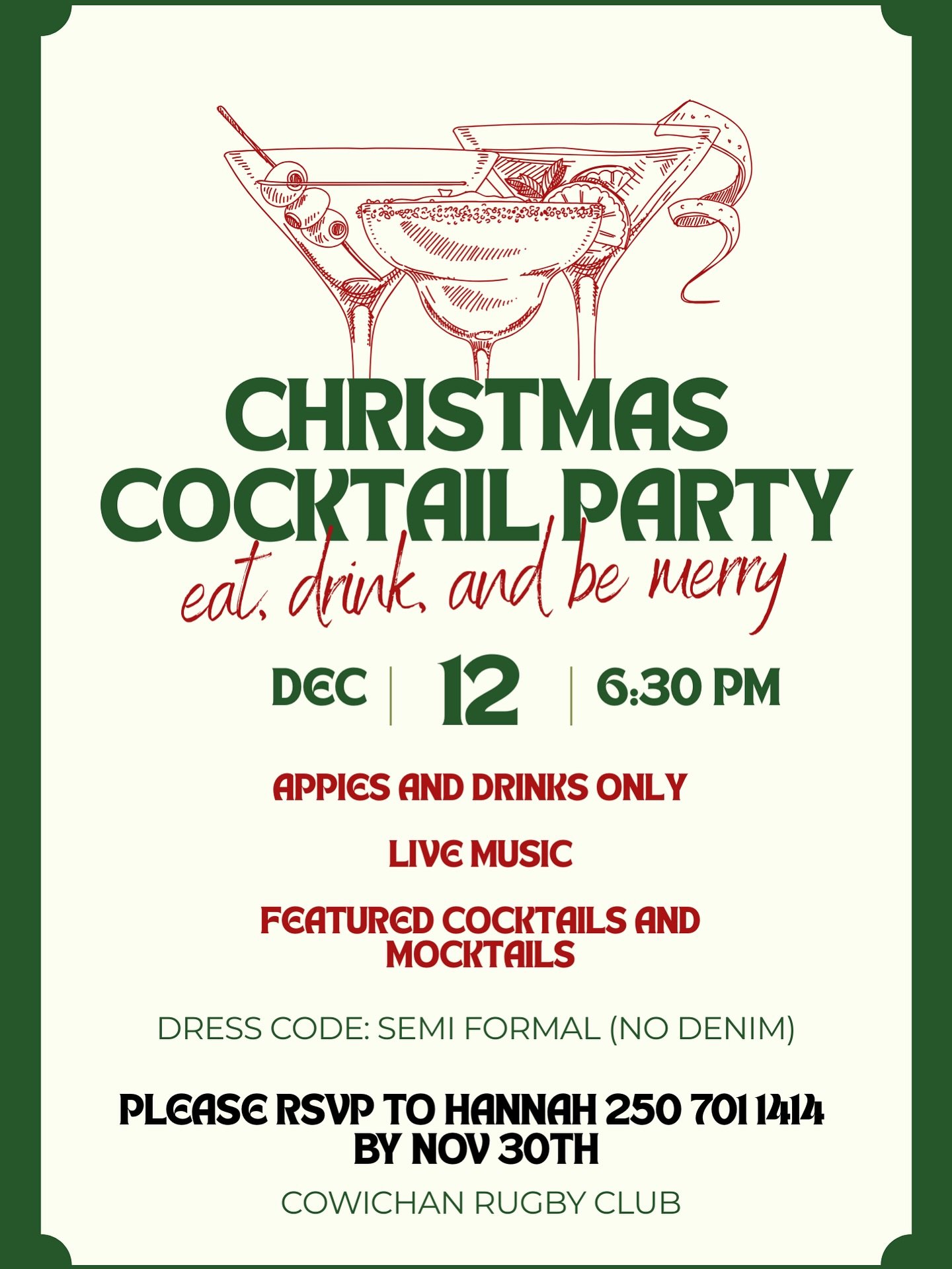 Friday night plans = sorted🎄
Join us at the Rugby Club Christmas Cocktail Party🍹 
Dec 12 &bull; 6:30 PM
Good drinks, great music, and even better company🐷