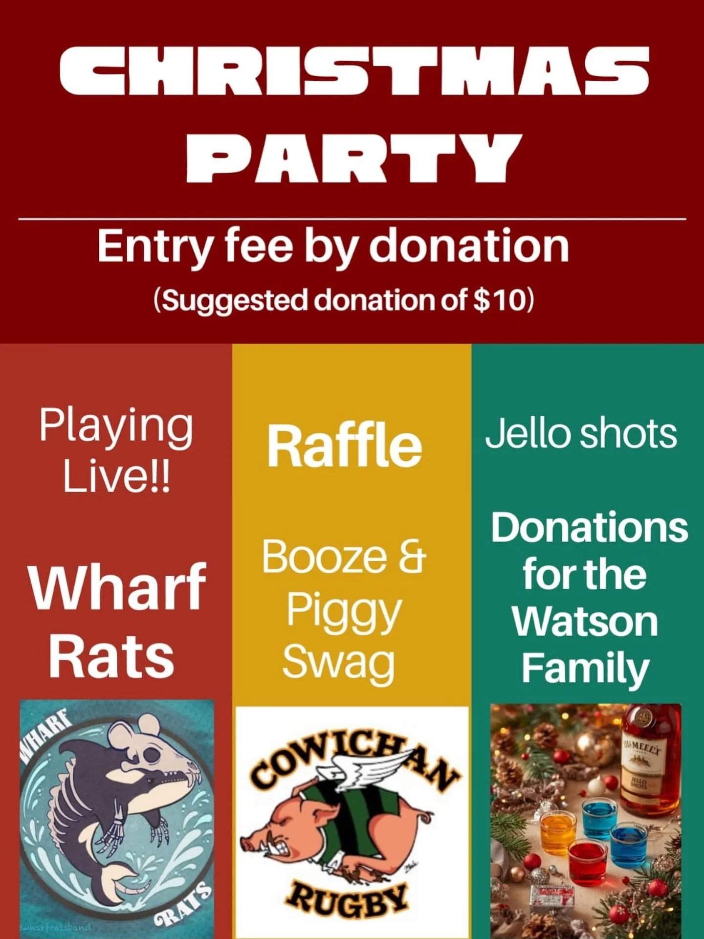 Cowichan Rugby Club Christmas Party!
This Friday, December 12, it&rsquo;s going to be a good one!
🎶 Live band
🥃 Jell-O shots by donation (all proceeds to the Watson Family)
🎁 Raffles &amp; more festive fun
💵 Suggested $10 entry at the door
Bring 