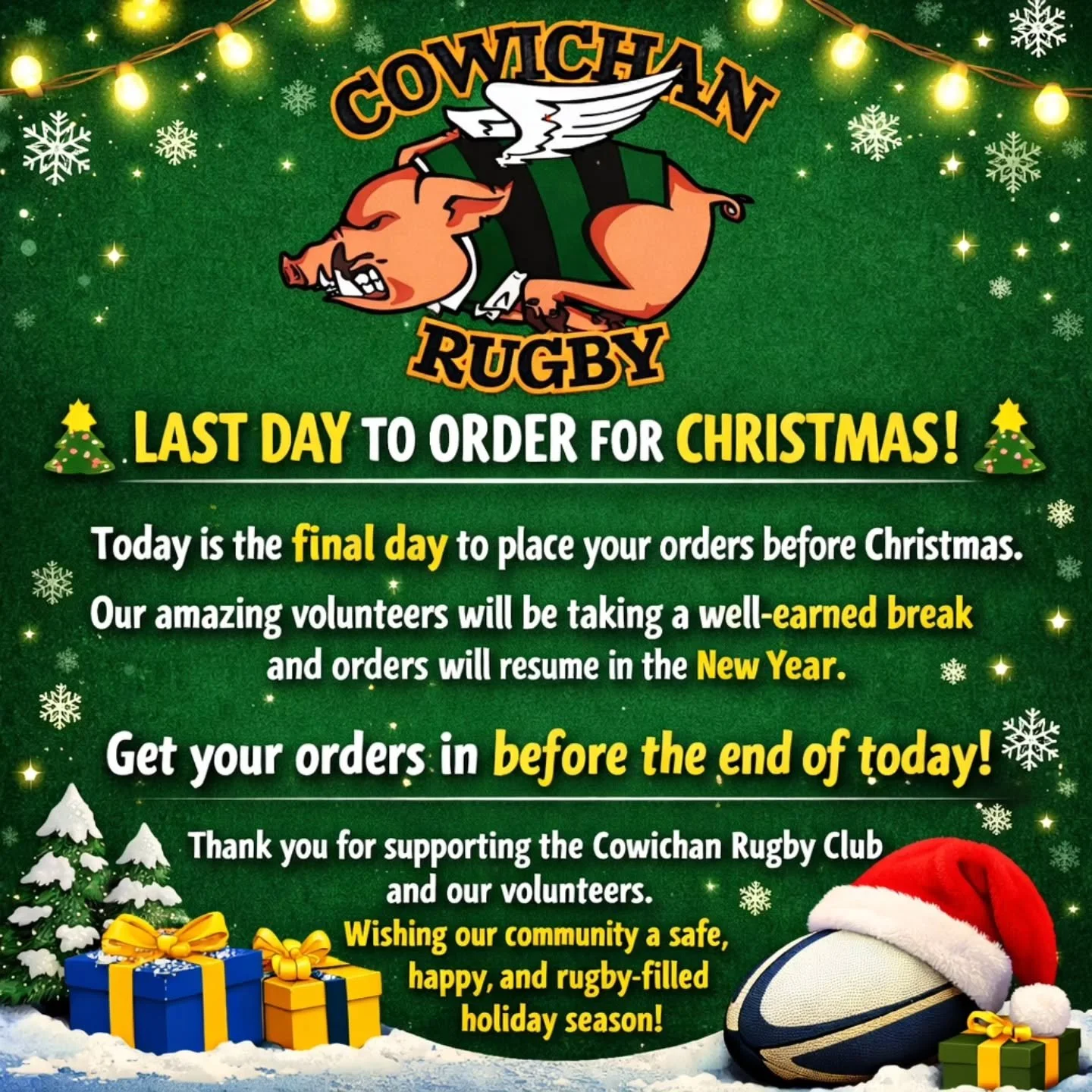 Orders placed today will be ready for pick up tomorrow! Happy Holidays!!