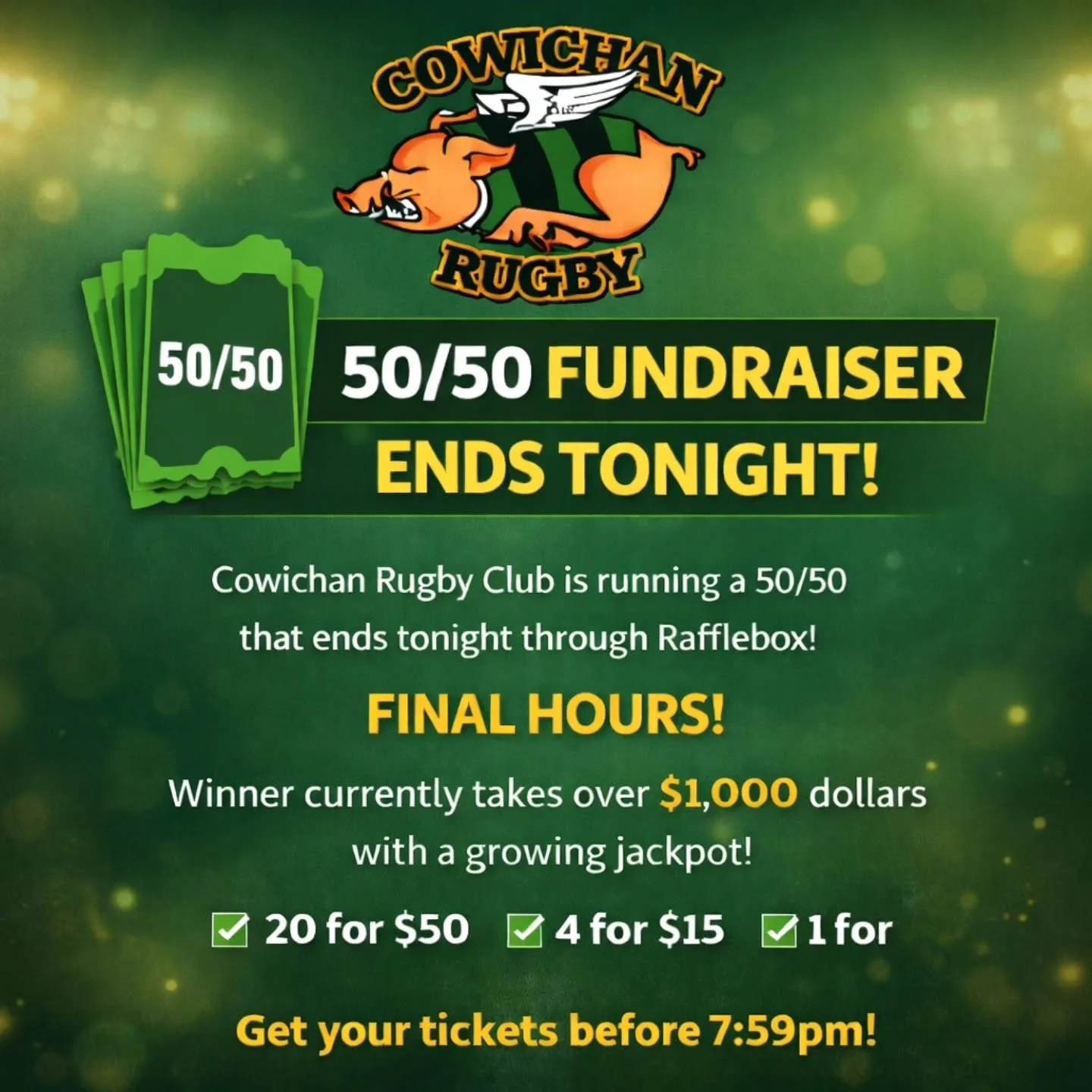 We've launched a monthly 50/50 Raffle online! This month's raffle closes tonight, so make sure you click the link in our bio and get your tickets!!
https://www.rafflebox.ca/raffle/cowichan-rugby