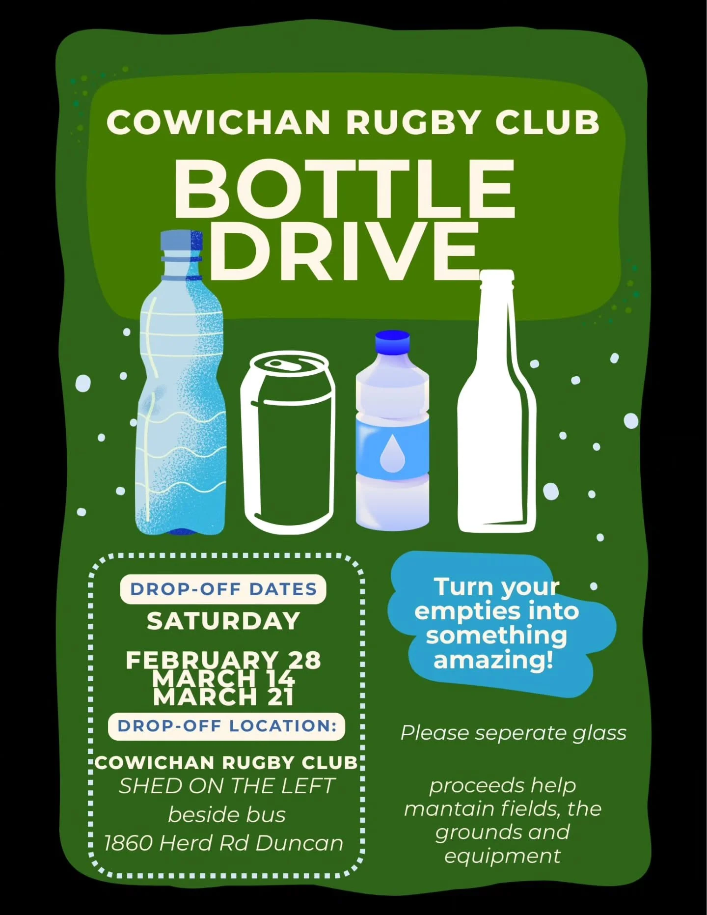 Being your empties to the game!! We have a no sort drop off to your immediate left along the hedge as you pull in!