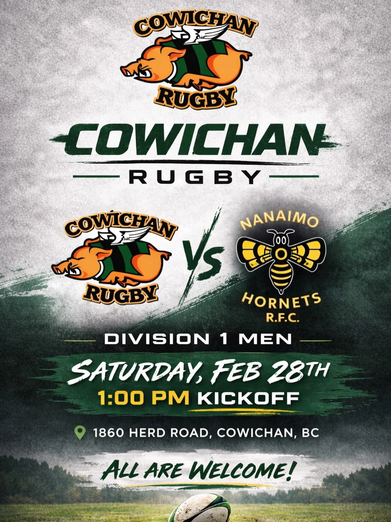 It&rsquo;s game day!
Cowichan vs Nanaimo. 1PM kickoff.
Bring your friends. Bring the noise.
Let&rsquo;s pack the sidelines. 🐷 🏉 
All are welcome!