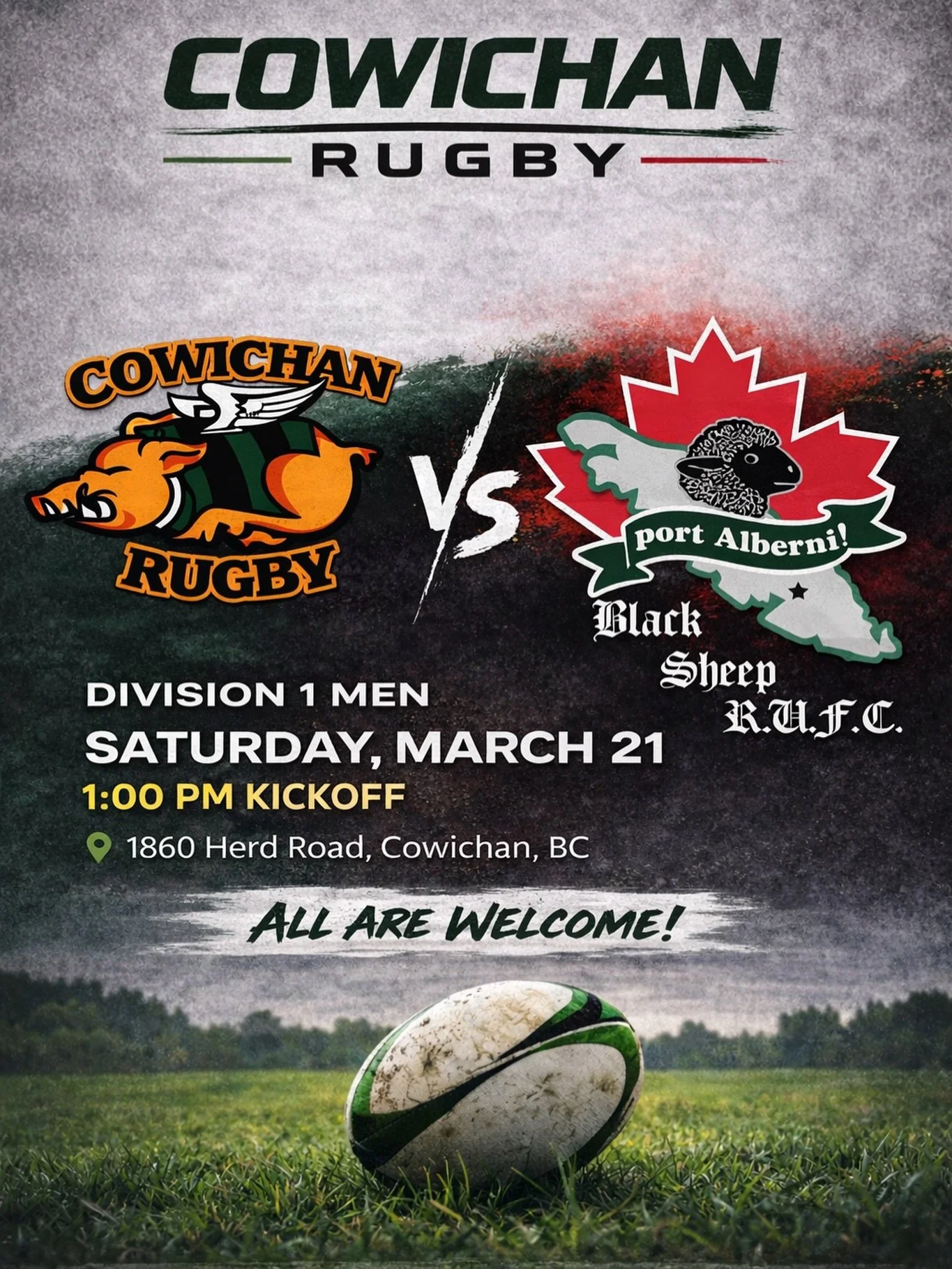 Home pitch. Home crowd. Let&rsquo;s go. 🐷 🏉 
Cowichan vs Port Alberni
1PM Kickoff
All are welcome &mdash; see you on the sidelines.