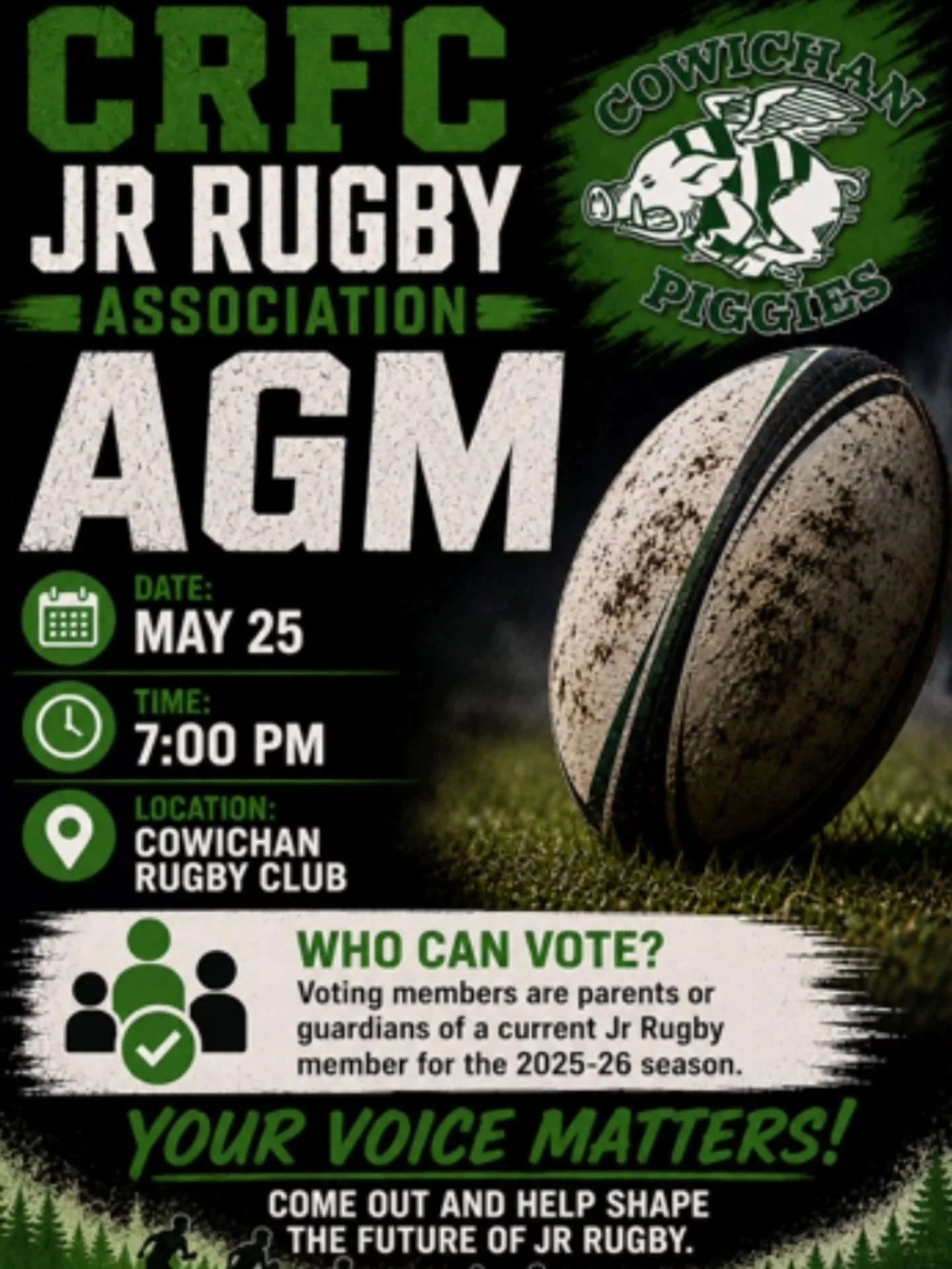 Open to anyone! All Parents or Guardians of current Junior Rugby Members are eligible to vote at the meeting. There are a number of positions that need filled for next season - if you have an interest in helping the program next year, this meeting is