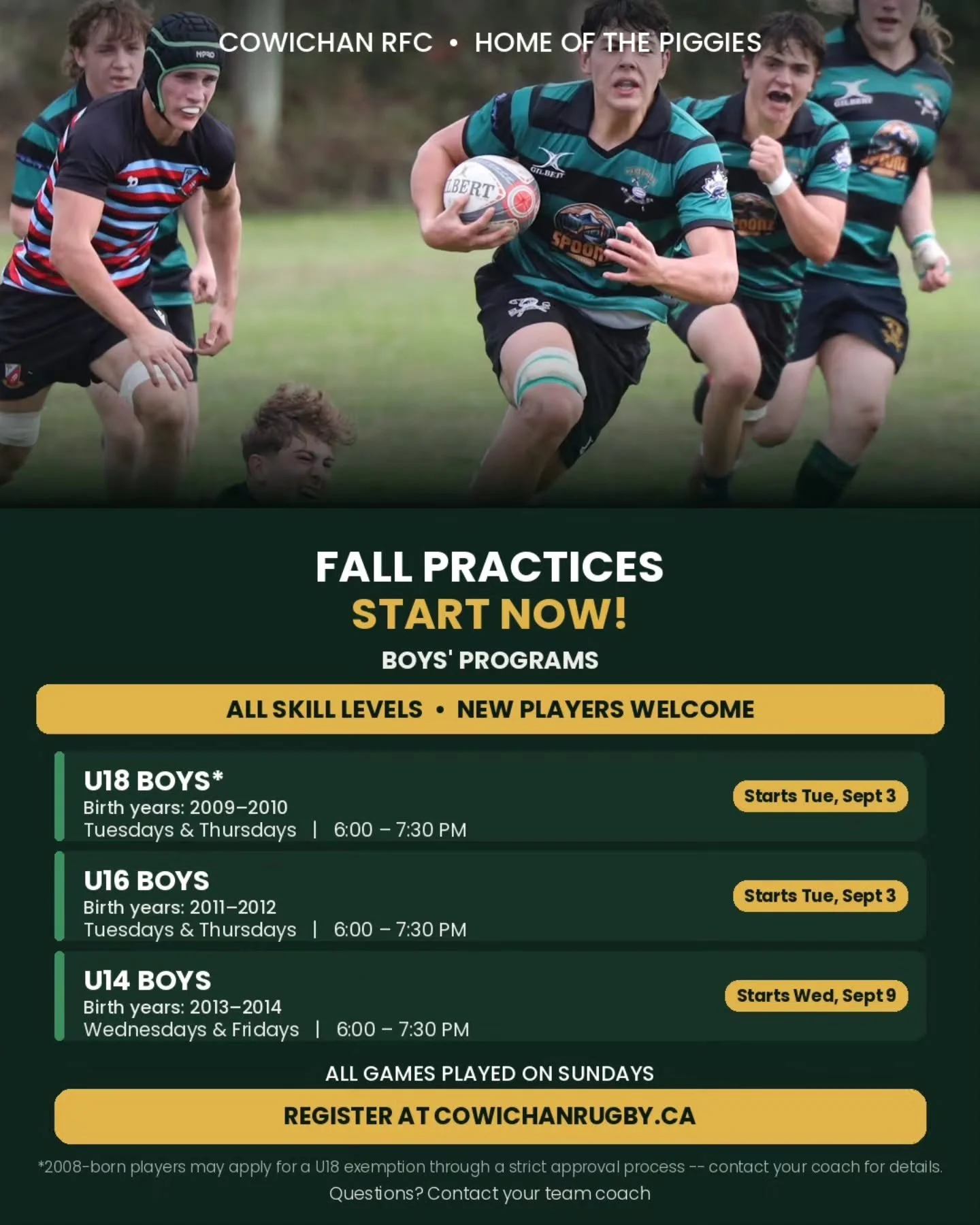 Cowichan RFC, home of the Piggies, is gearing up for the fall season! Whether you&rsquo;ve played for years or have never picked up a rugby ball before, all skill levels are welcome.

📅 The Schedule (Boys&rsquo; Programs):

🔹 U18 Boys: Tuesdays &am