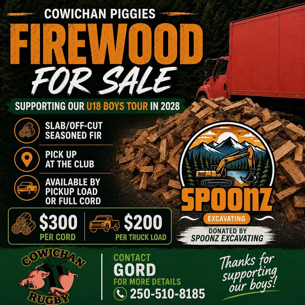 🔥🪵 FIREWOOD FOR SALE! 🪵🔥
Help support the Cowichan Piggies U18 Boys on their 2028 Tour while getting stocked up for firewood season!
We have seasoned fir slab/off-cuts ready for pickup at the club:
🪵 $300 per cord
🛻 $200 per pickup load
A HUGE 