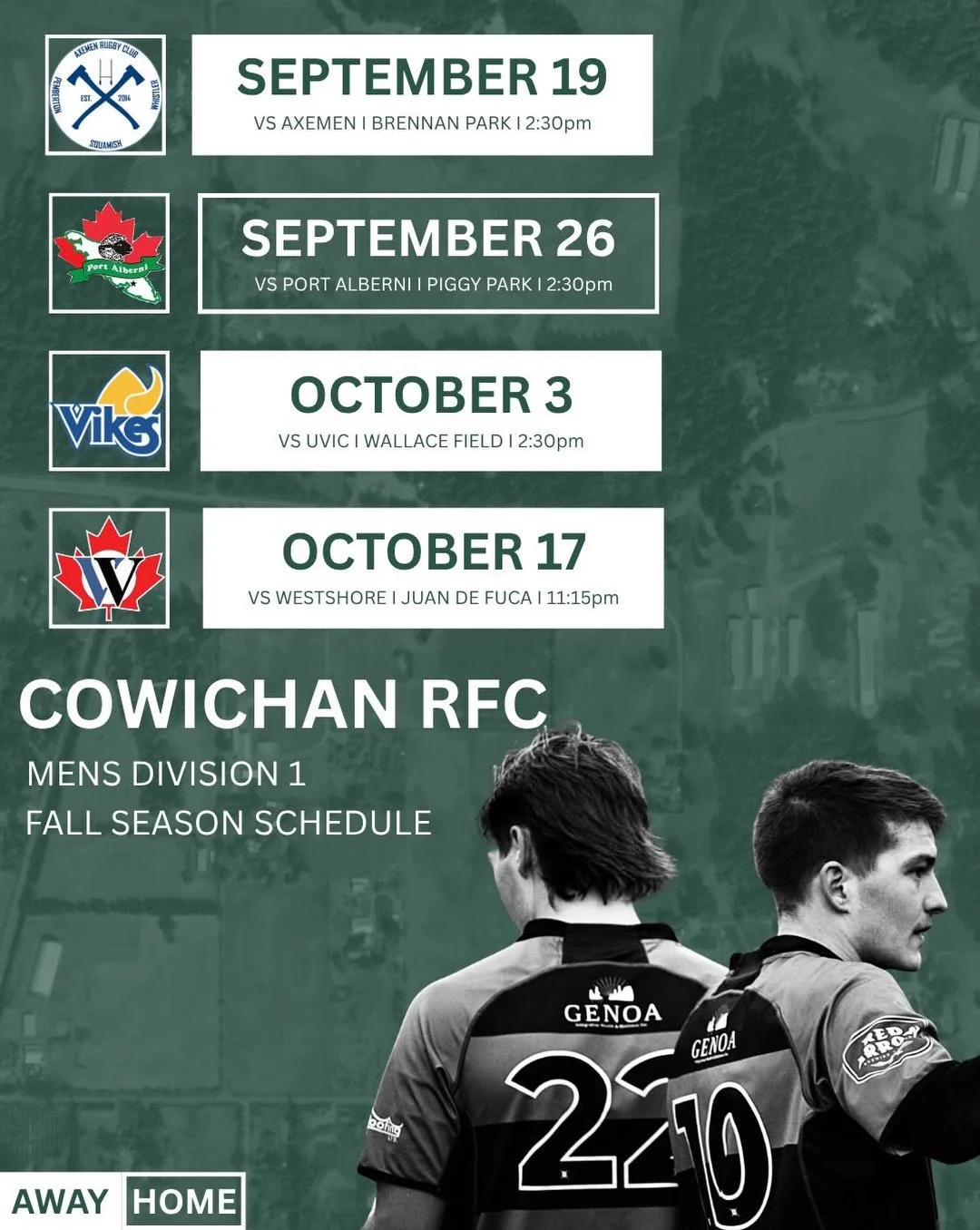 🏉 THE PIGGIES ARE BACK. 🐷
The 2026/27 season is almost here and our Men&rsquo;s Division 1 and Women&rsquo;s Division 2 schedules are locked in.
Save the dates, round up the crew and get ready to cheer on your Cowichan Piggies &mdash; at home and o