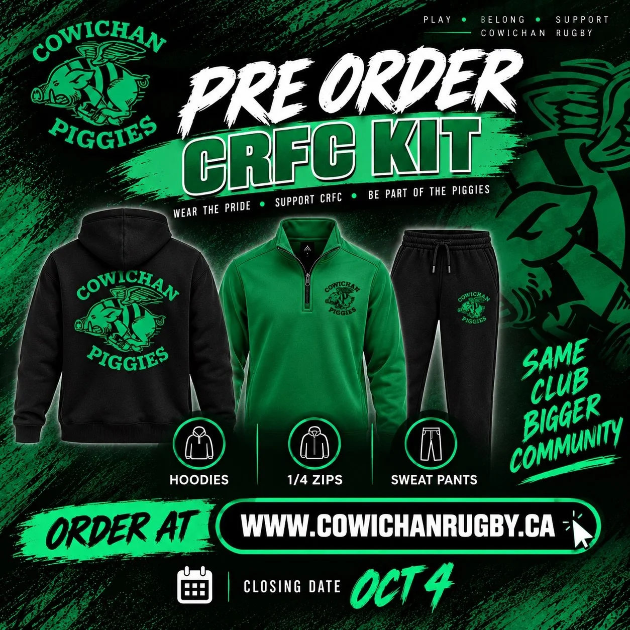 CRFC KIT PRE-ORDERS ARE OPEN! 
Time to get kitted out, Piggies!
Pre-orders are now open for:
🏉 Hoodies
🏉 1/4 Zips
🏉 Sweat Pants
Whether you&rsquo;re playing, supporting from the sidelines, or just want to rep the Piggies around town &mdash; we&rsq