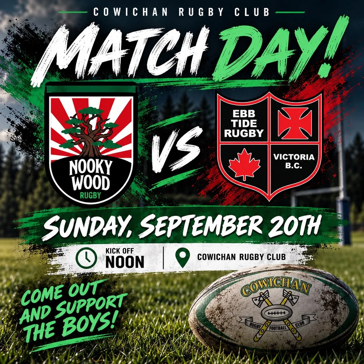 SUNDAY RUGBY AT COWICHAN! 
The Nooky Wood are back on the pitch this Sunday, taking on Ebb Tide!
📅 Sunday, September 20th
⏰ Kickoff: NOON
📍 Cowichan Rugby Club
Come down, grab a spot on the sidelines and cheer on the boys! 🍻🏉
#CowichanRugby #Nook