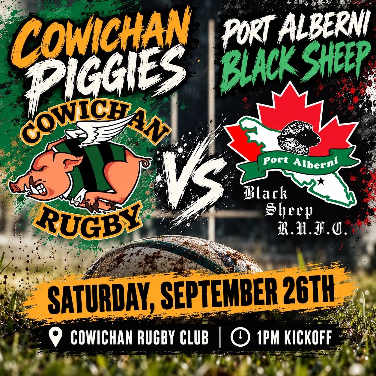 HOME GAME THIS SATURDAY! 
The Cowichan Piggies are back on home turf this Saturday as they take on the Port Alberni Black Sheep! 
📅 Saturday, September 26th
⏰ 1:00 PM Kickoff
📍 Cowichan Rugby Club
Come down, grab a spot on the sidelines and cheer o