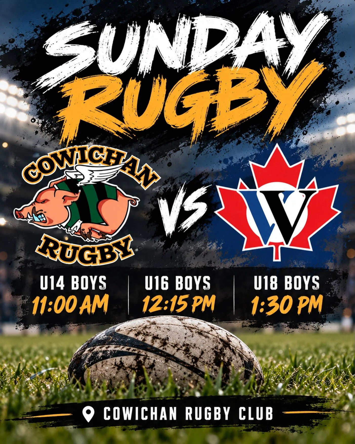 Sunday = RUGBY DAY 🏉🐷
Our Cowichan boys are taking the pitch at home this Sunday! Come down to the Cowichan Rugby Club and cheer on our U14, U16 &amp; U18 squads as they take on Westshore! 💚🖤
🏉 U14 Boys &mdash; 11:00 AM
🏉 U16 Boys &mdash; 12:15