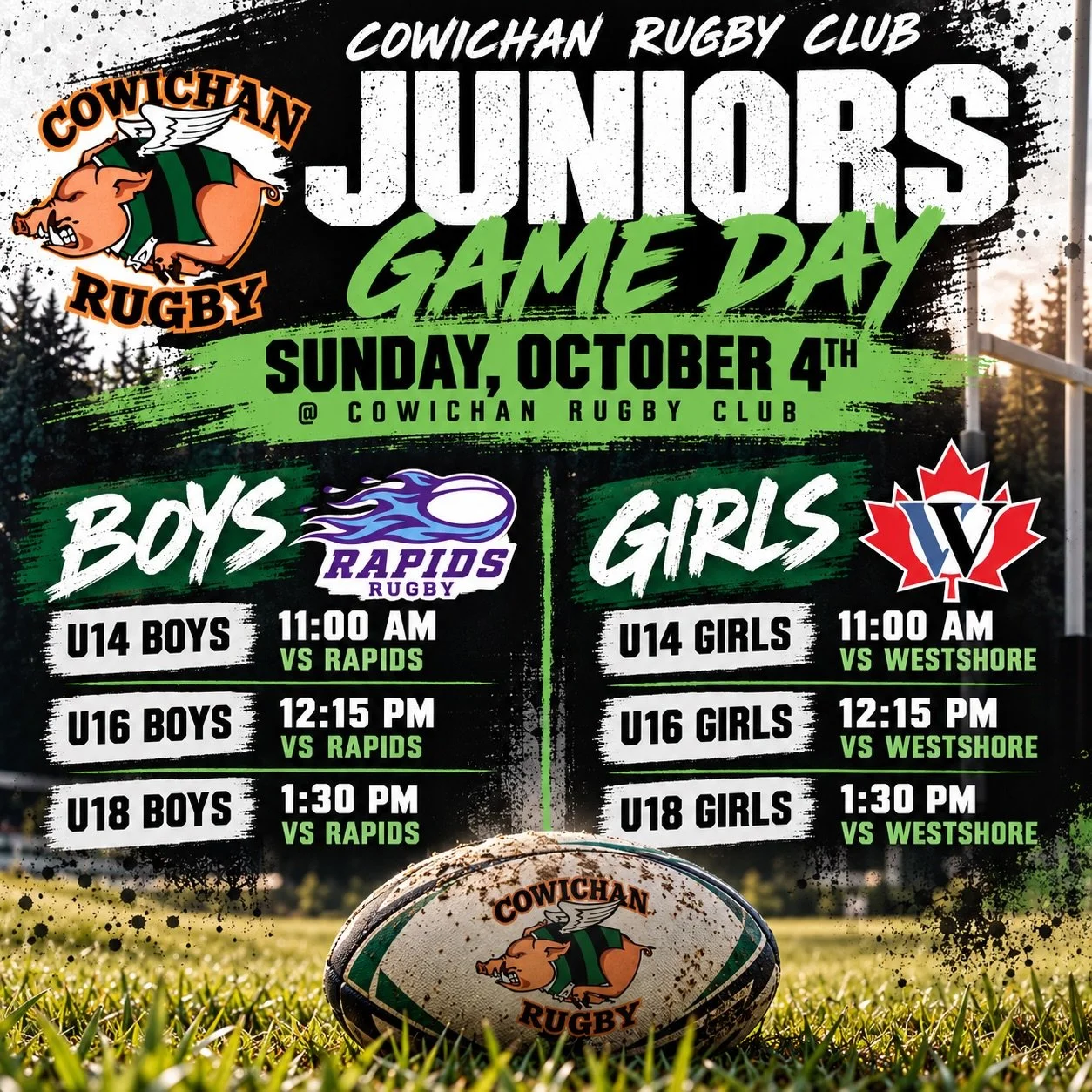 Junior rugby takes over Cowichan this Sunday! 🐷🏉

Our U14, U16 &amp; U18 boys and girls are all hitting the pitch at home for a full day of rugby. 💚🖤

Come down, cheer them on and make some noise for the next generation of Piggies!

📍 Cowichan R