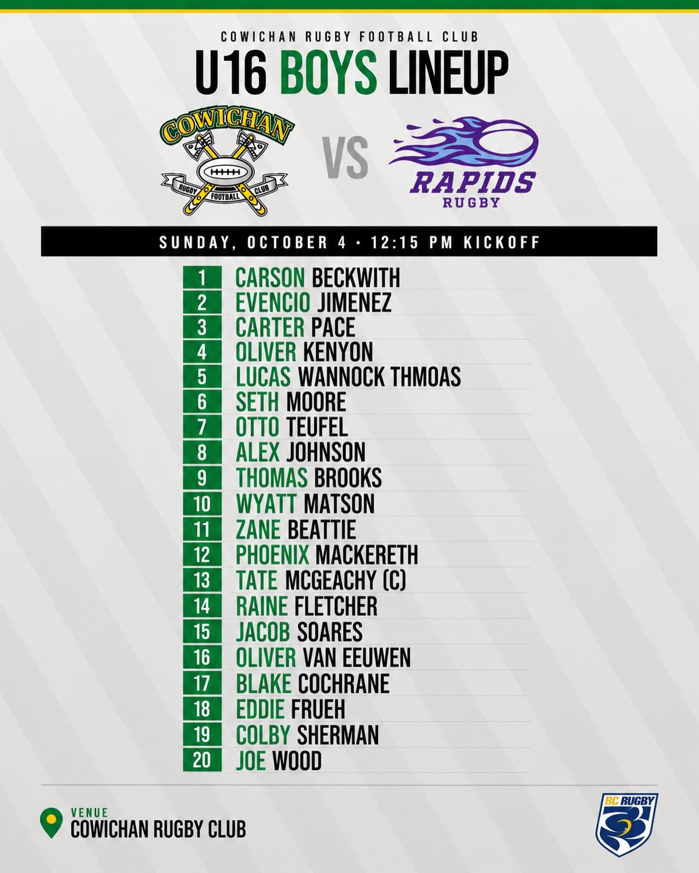 U16 BOYS LINEUP 

Your U16 Piggies are locked in and ready for Sunday as they take on the Rapids at home. 🏉
@cvrapidsrugby 
📅 Sunday, October 4
⏰ Kickoff: 12:15 PM
📍 Cowichan Rugby Club

Let&rsquo;s go, Piggies! 🐷

#CowichanRugby #CowichanPiggies