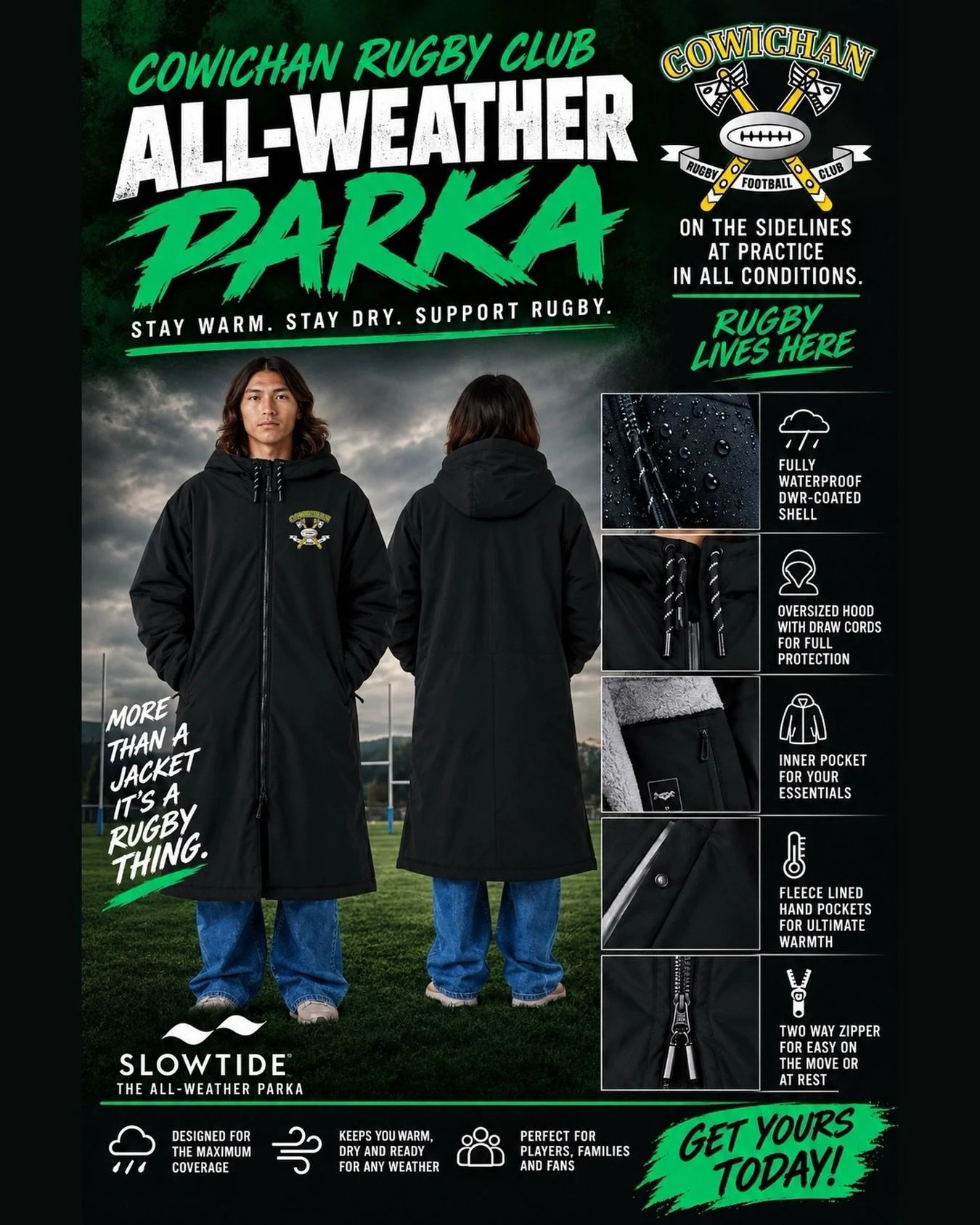 THE PERFECT CHRISTMAS GIFT FOR YOUR FAVOURITE RUGBY FAN OR PLAYER!
Stay warm, stay dry, and show your Piggie pride in style!
We&rsquo;re excited to offer the Slowtide Sideline All-Weather Parka, featuring the Cowichan Rugby Club logo embroidered on t