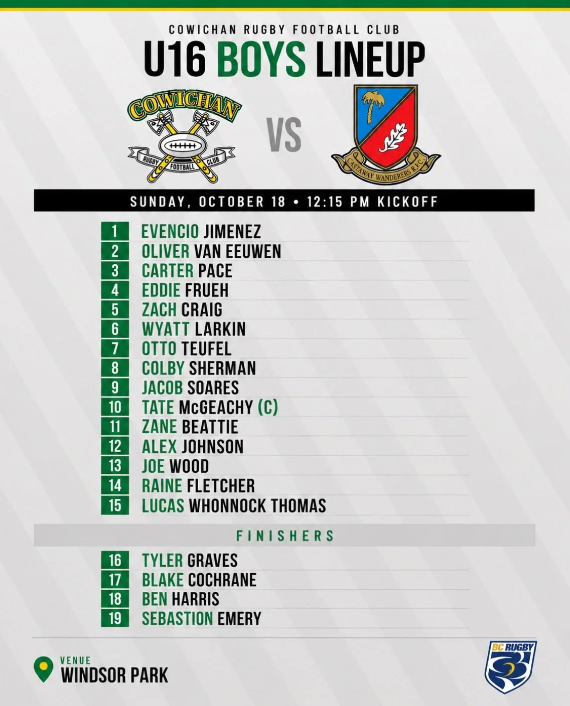 U16 BOYS | GAME DAY LINEUP 

Our U16 Piggies are hitting the road this Sunday to take on Castaway Wanderers! 

📍 Windsor Park
📅 Sunday, October 18th
⏰ Kickoff: 12:15 PM

Best of luck to our boys! Let&rsquo;s go, Piggies! 🐷 @castaway.wanderers 

#C