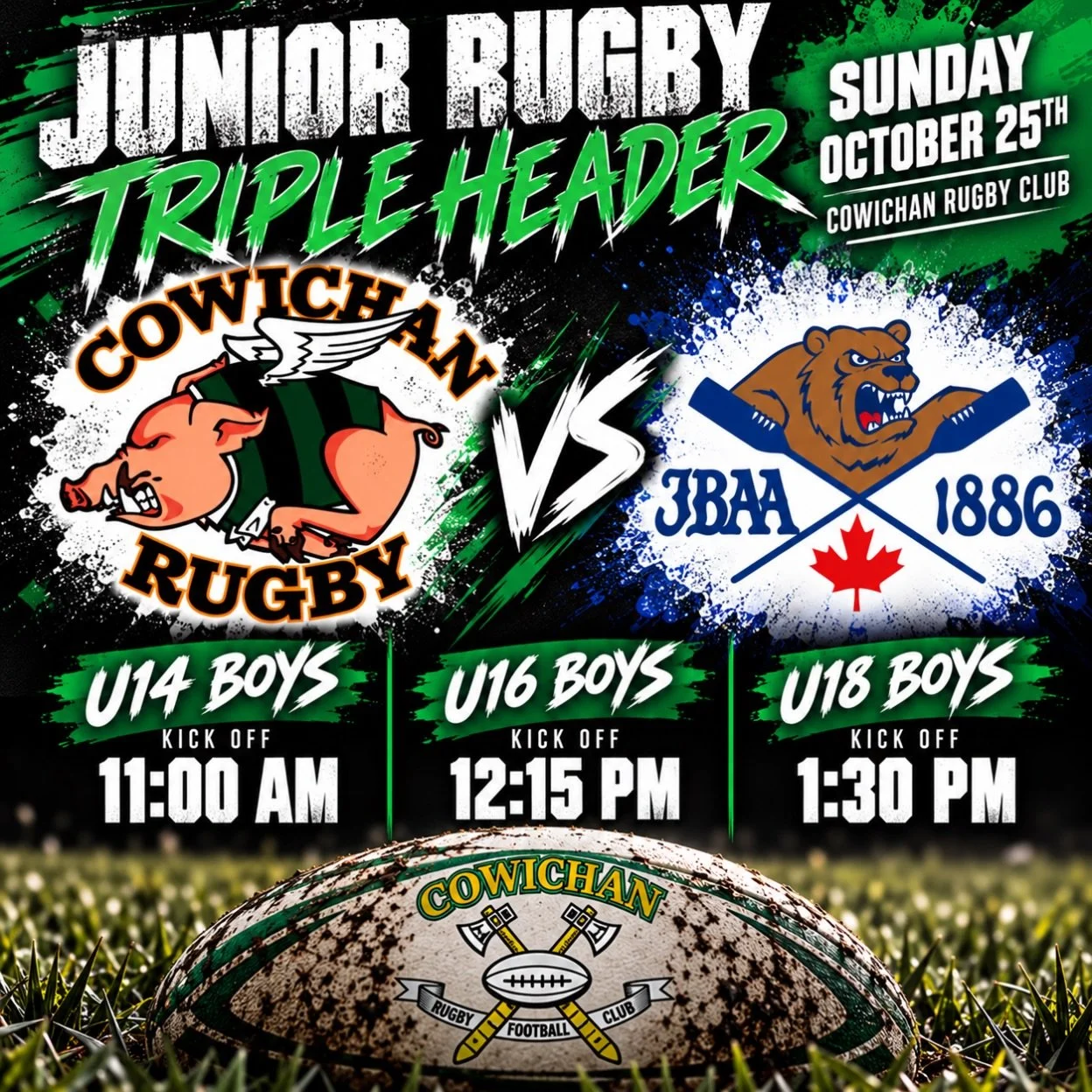TRIPLE HEADER AT HOME!

Our Junior Piggies are ready for battle this Sunday as our U14, U16 and U18 boys take on James Bay on home turf!

📅 Sunday, October 25th
📍 Cowichan Rugby Club

🏉 U14 Boys | 11:00 AM
🏉 U16 Boys | 12:15 PM
🏉 U18 Boys | 1:30