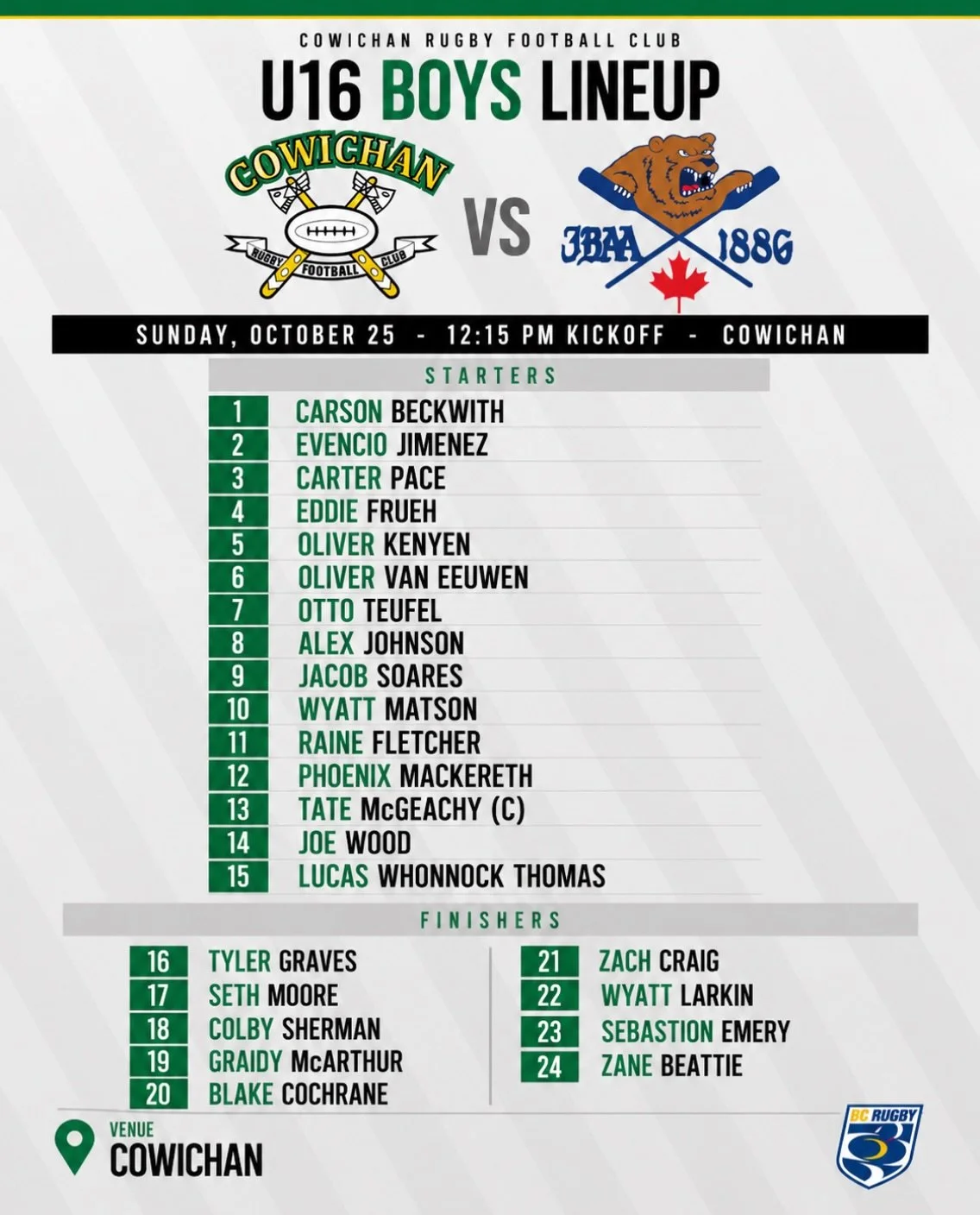 U16 BOYS LINEUP IS LOCKED IN. 

Our U16 Boys are ready to defend home turf as they take on James Bay this Sunday!

The squad is named, the boys are fired up, and they&rsquo;re ready for battle! 

📅 Sunday, October 25
📍 Cowichan Rugby Club
⏰ 12:15 P
