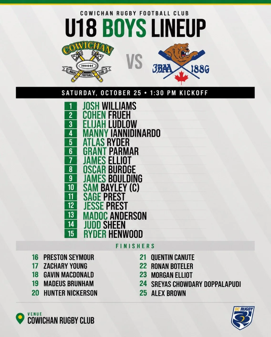 U18 BOYS | GAME DAY LINEUP!

Our U18 Boys are back on home turf this afternoon as they welcome James Bay to Cowichan!

Here&rsquo;s your lineup for today&rsquo;s matchup! 🐷

📍 Cowichan Rugby Club
⏰ 1:30 PM Kickoff

Come on down, enjoy some great ru