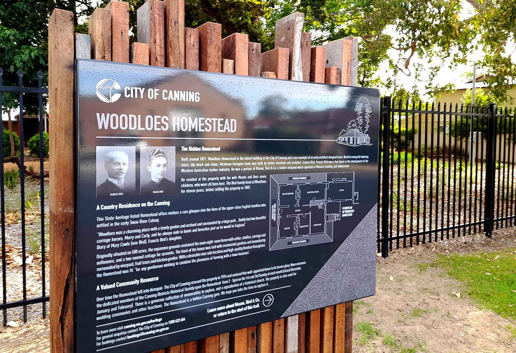 A free standing informational sign about the City of Canning's Woodloes Homestead attached to a wooden background and produced by Artek Signs