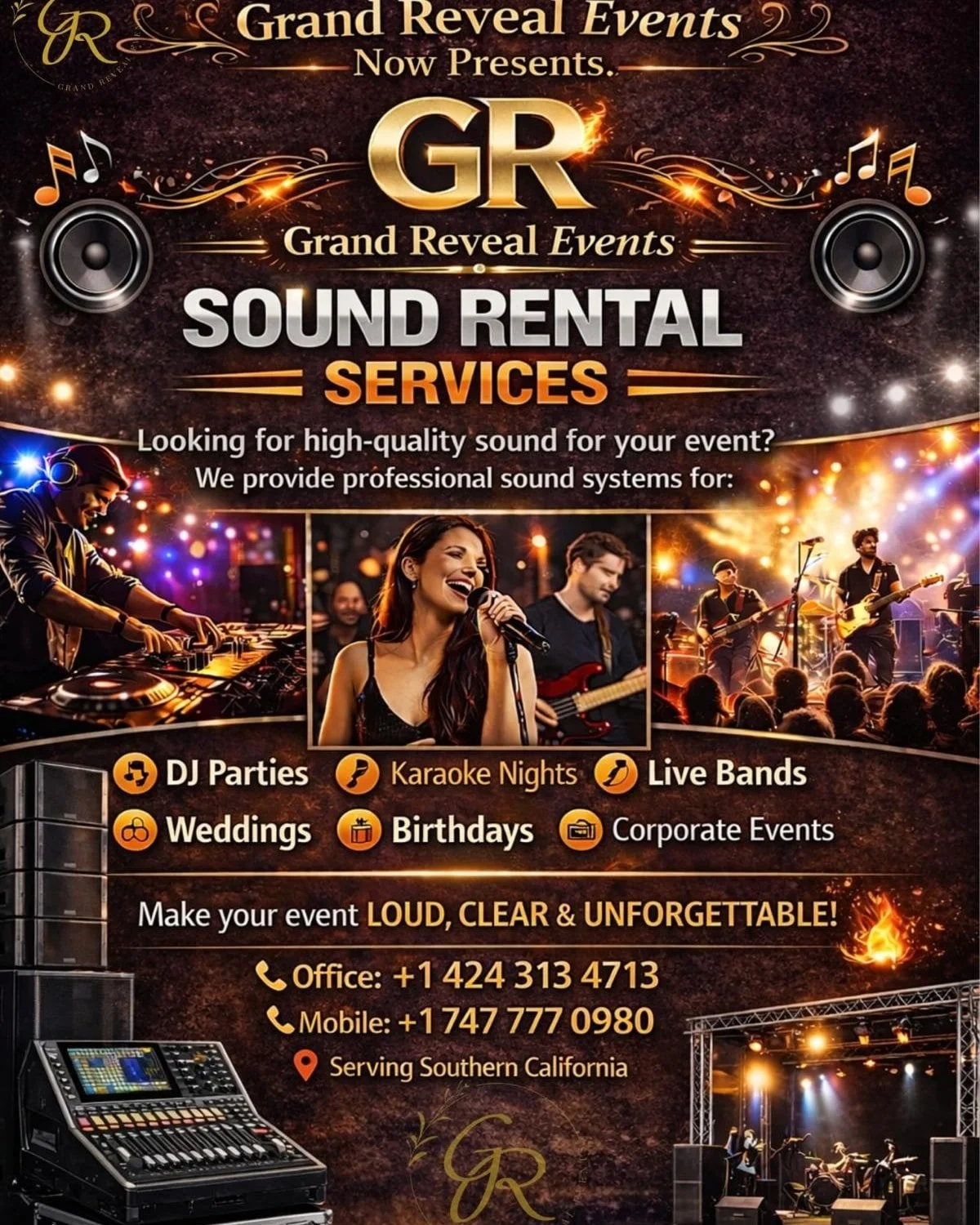 🎶 Big news from Grand Reveal Events! 🎶
We&rsquo;re excited to officially offer Professional Sound Rental Services for all types of events across Southern California!
From intimate celebrations to full-scale parties, we provide high-quality sound sy