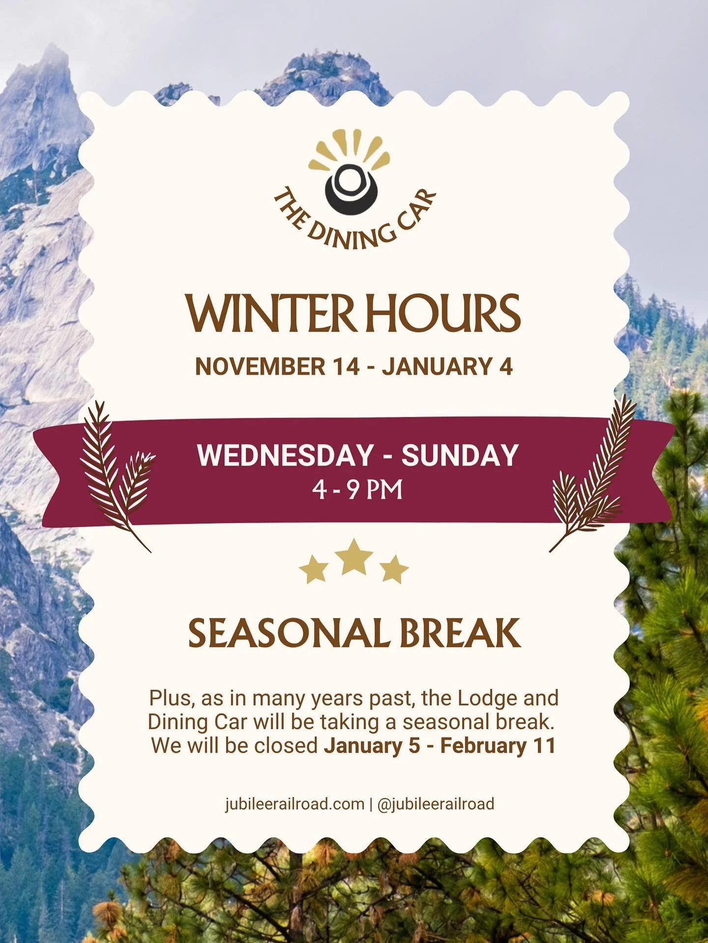 Dear community, our hours are shifting for the season! 🍁 ❄️ And we will also be closing for several weeks in the new year, dates listed above. 

Stay tuned for our upcoming Thanksgiving Day menu :)